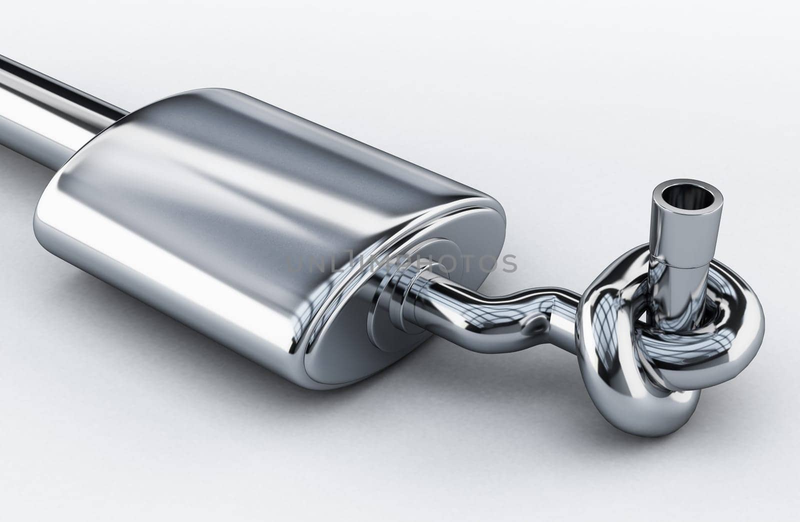 Silencer of exhaust gases of the car tied in a knot. 3D illustration.