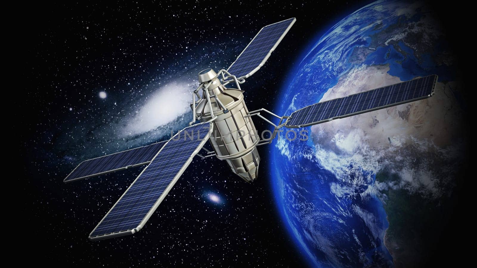 Communication satellite orbiting the earth. 3D illustration.