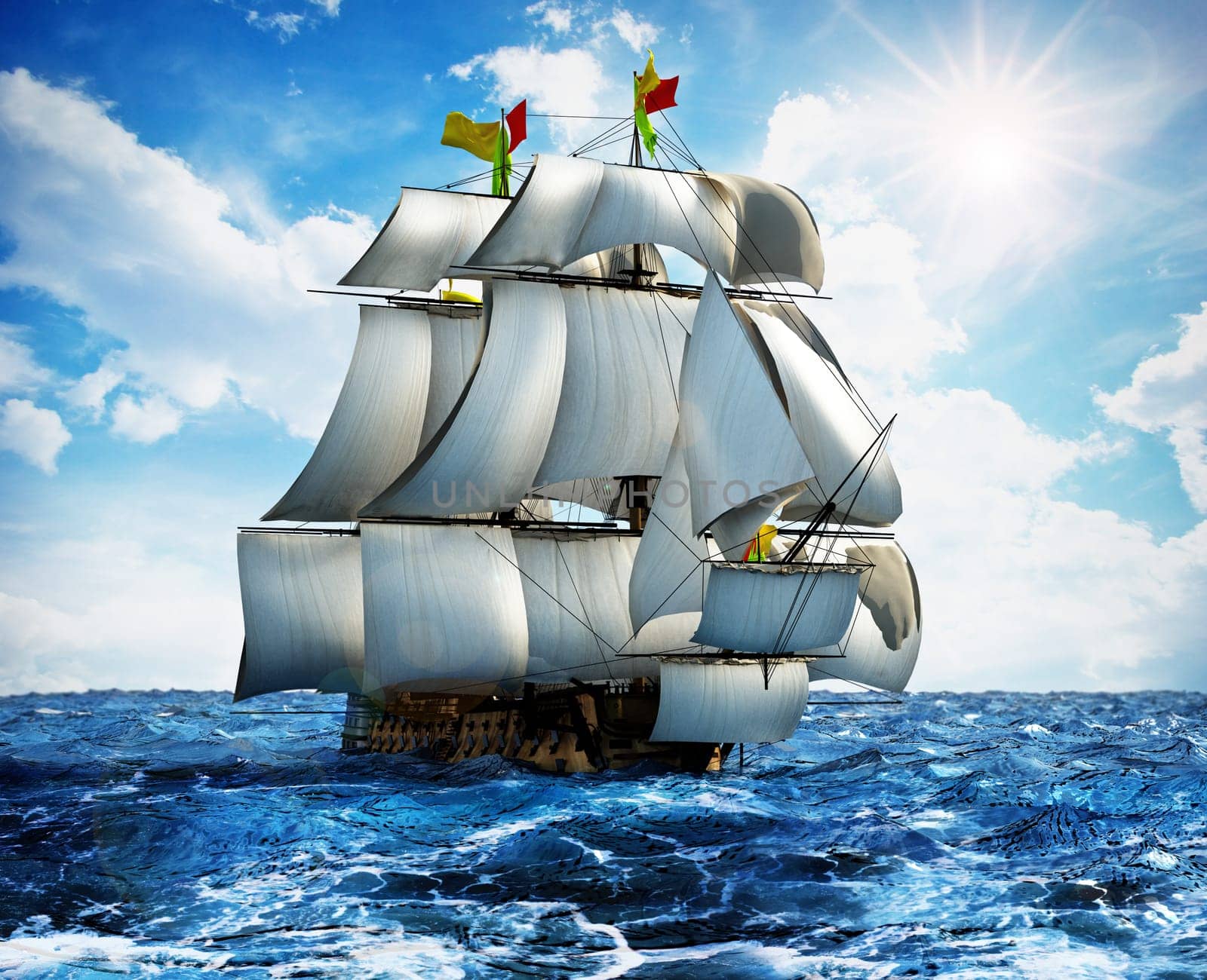 Vintage sailing ship at the sea under clear sky. 3D illustration.