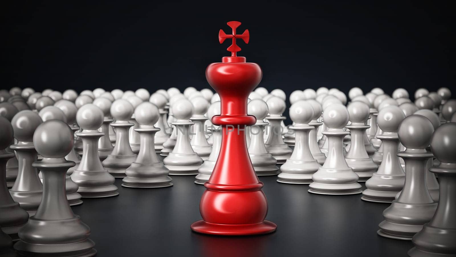Red chess king standing among white pawns. 3D illustration.