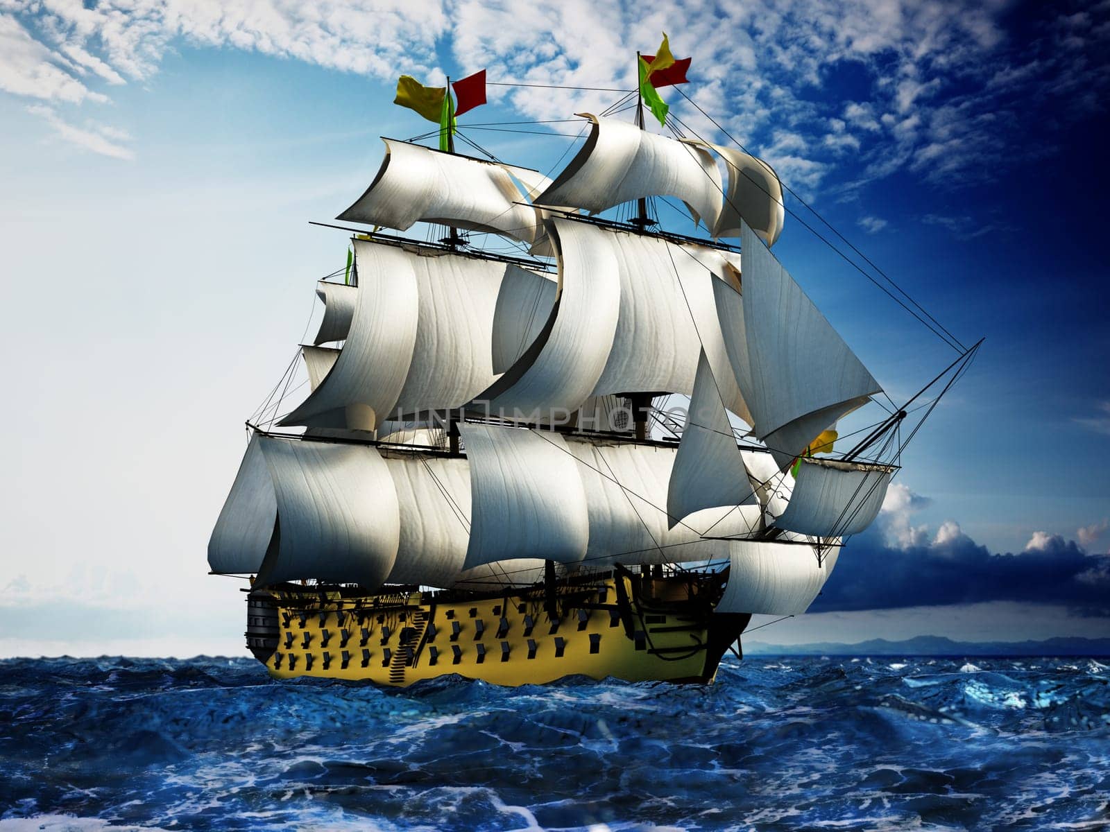 Vintage sailing ship at the sea under clear sky. 3D illustration.