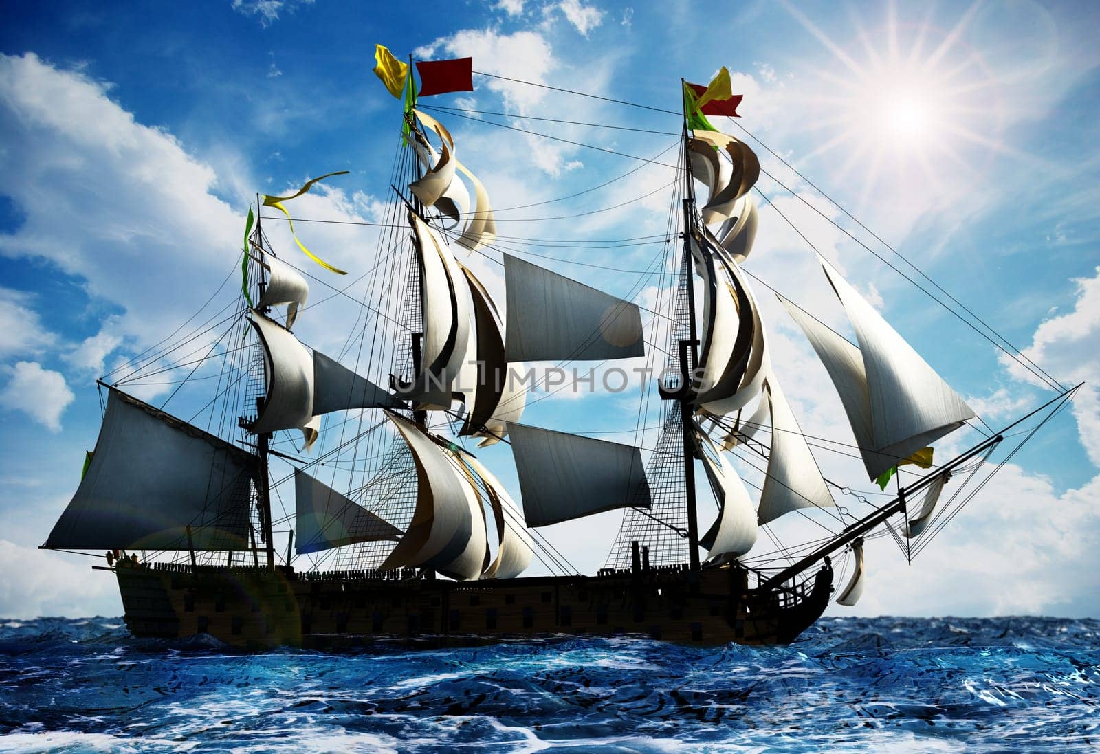 Vintage sailing ship at the sea under clear sky. 3D illustration.