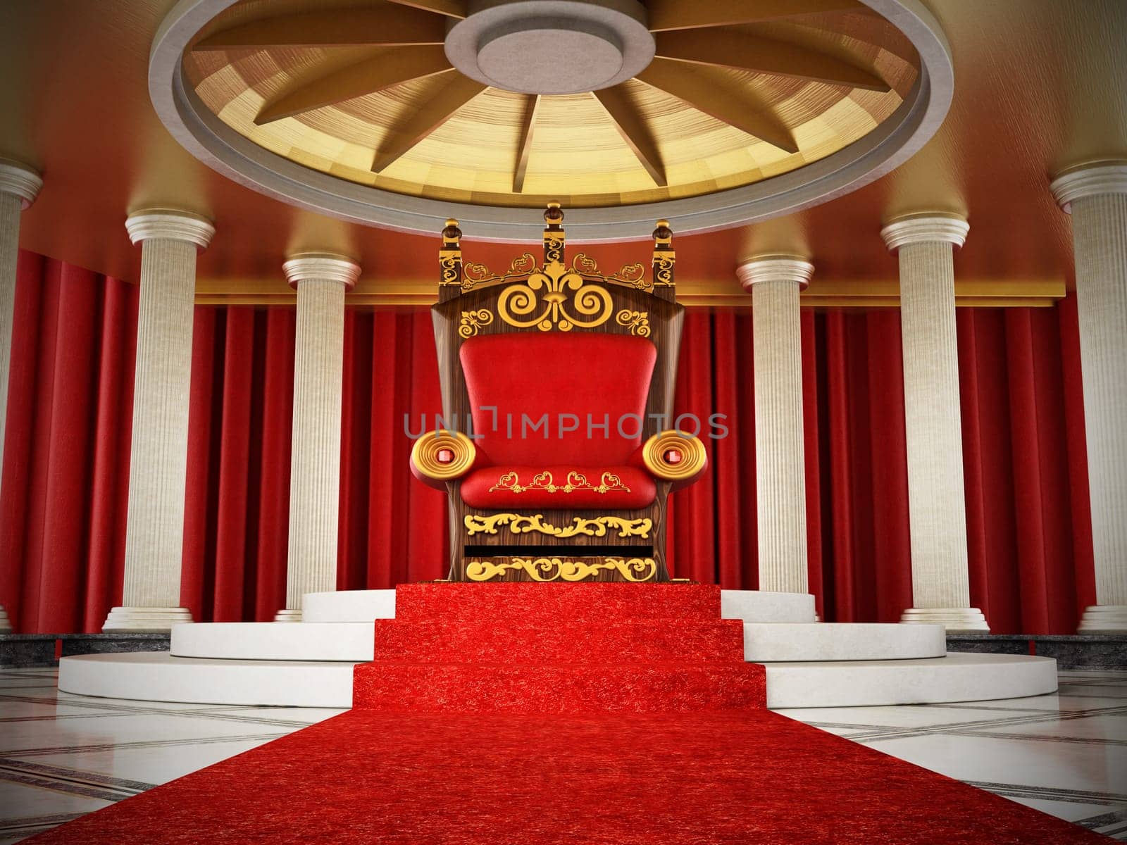 Red carpet leading to the luxurious throne. 3D illustration.