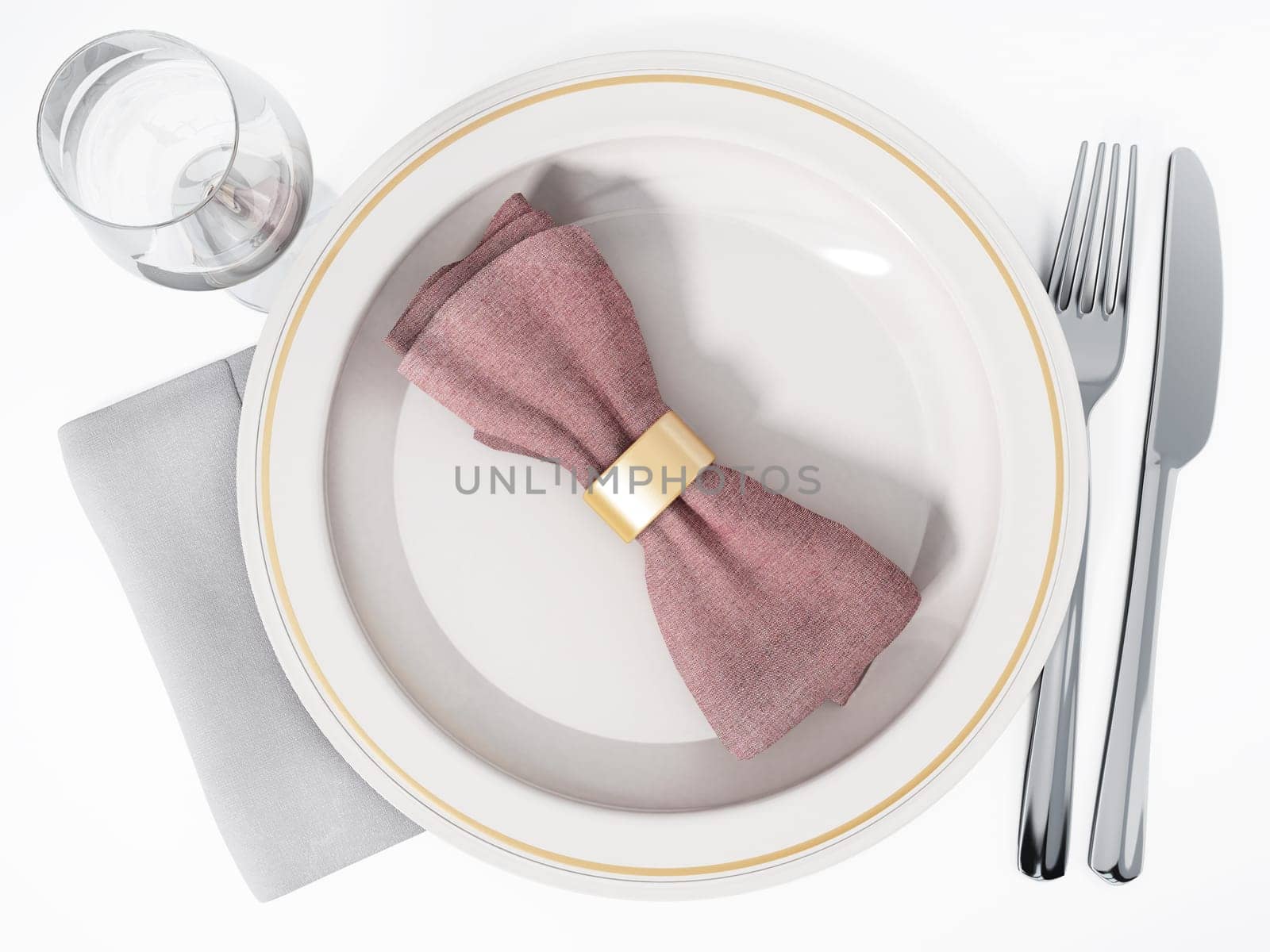 Plate, fork, knife glass and napkins 3D illustration