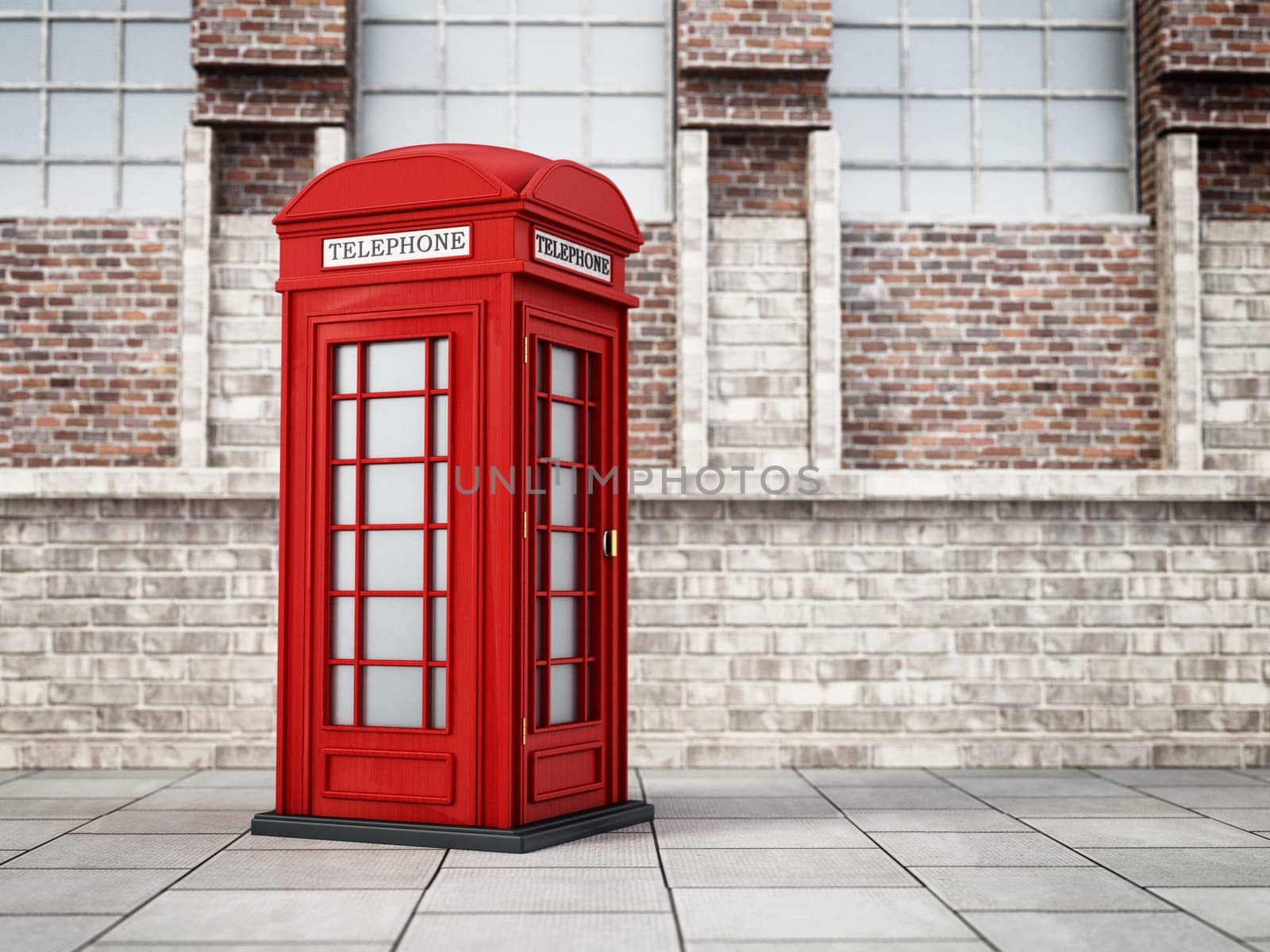 Red British phone booth in the street. 3D illustration.