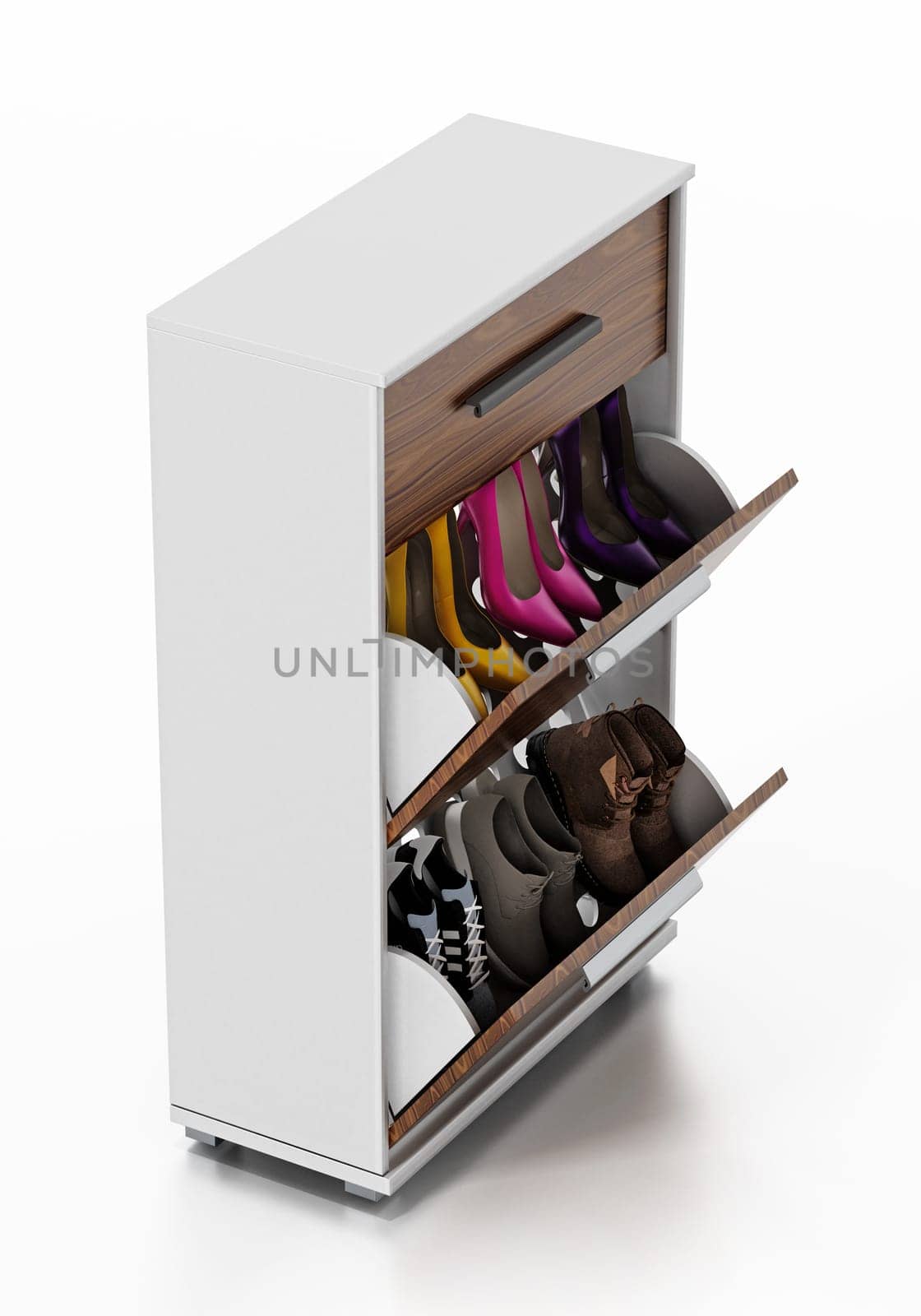 Contemporary wooden shoe cabinet design. 3D illustration.