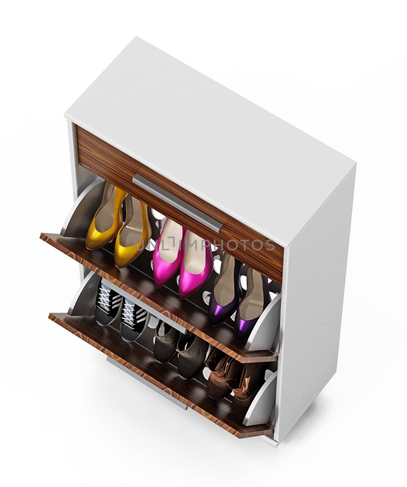 Contemporary wooden shoe cabinet design. 3D illustration.
