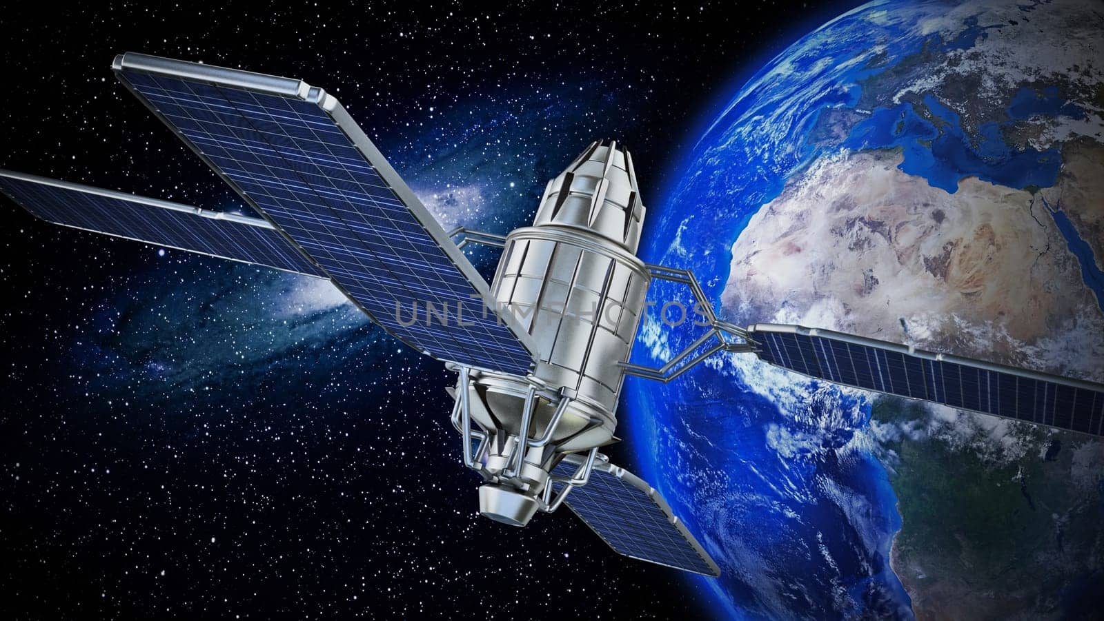 Communication satellite orbiting the earth. 3D illustration.