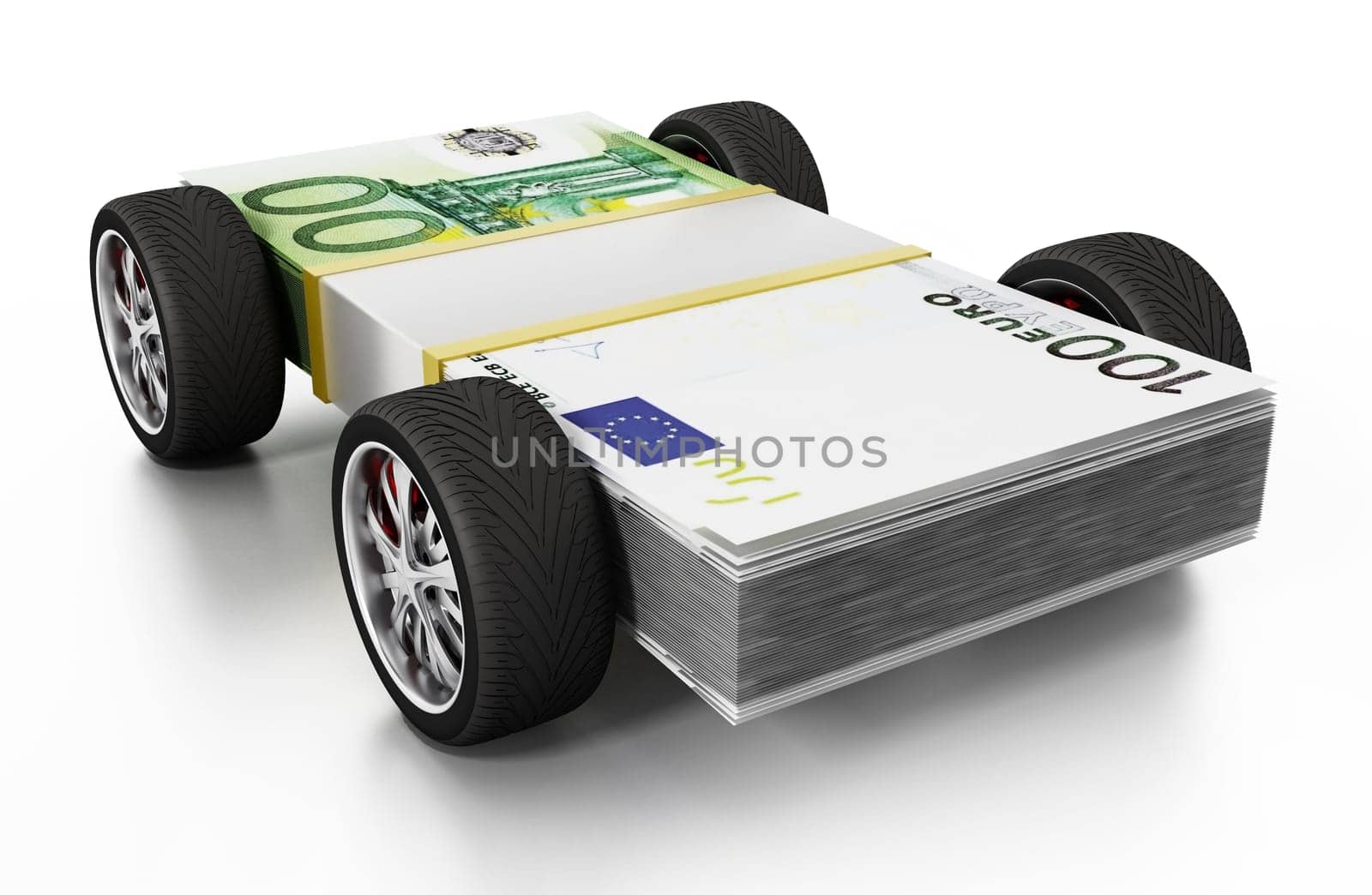 Race tyres connected to 100 Euro bills. 3D illustration.
