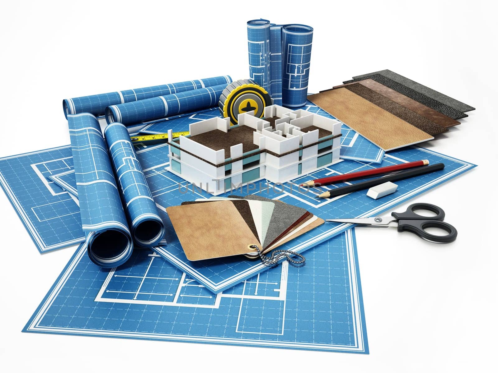 Home decorating tools standing on house bluprints. 3D illustration.