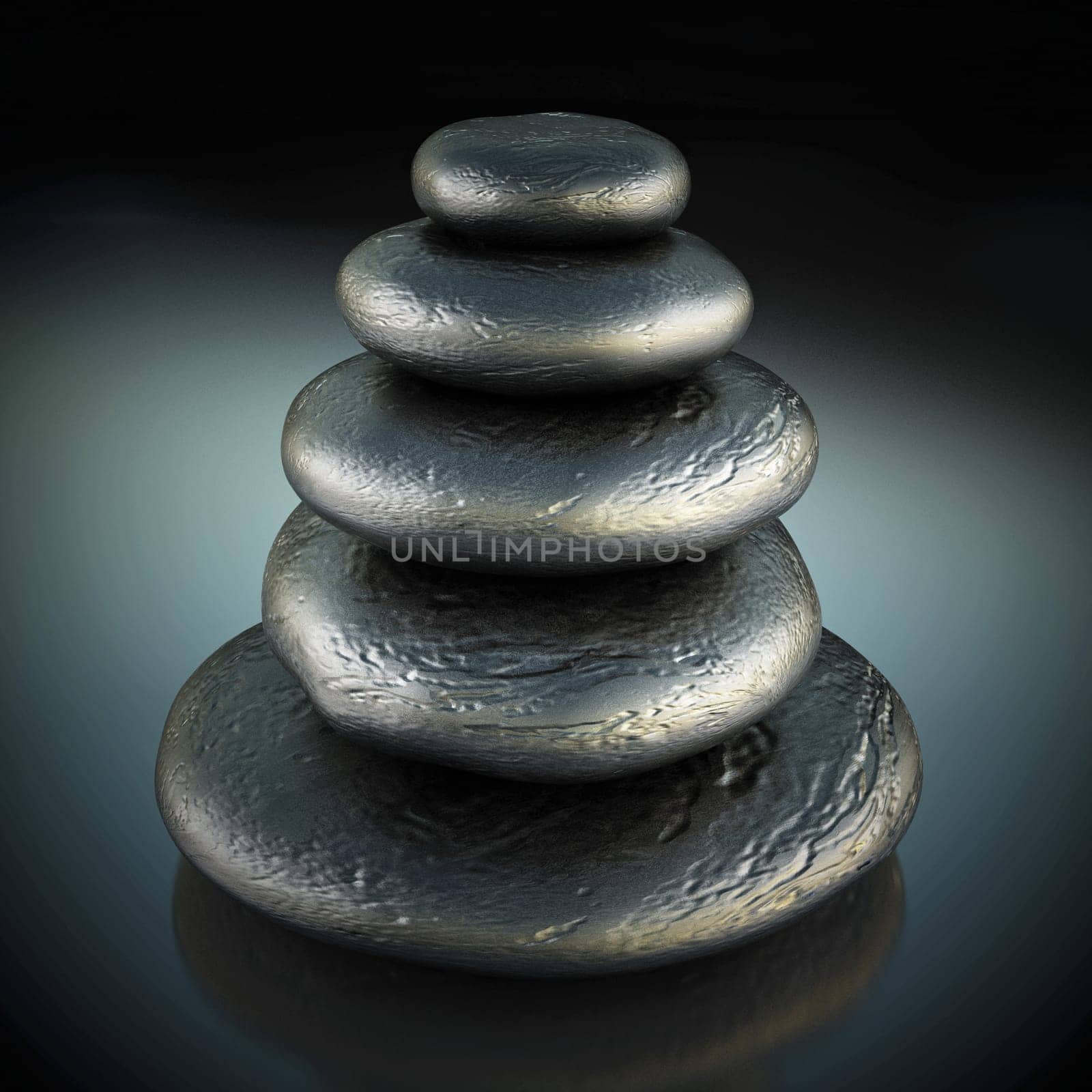 Heap of black massage stones on black background. 3D illustration.