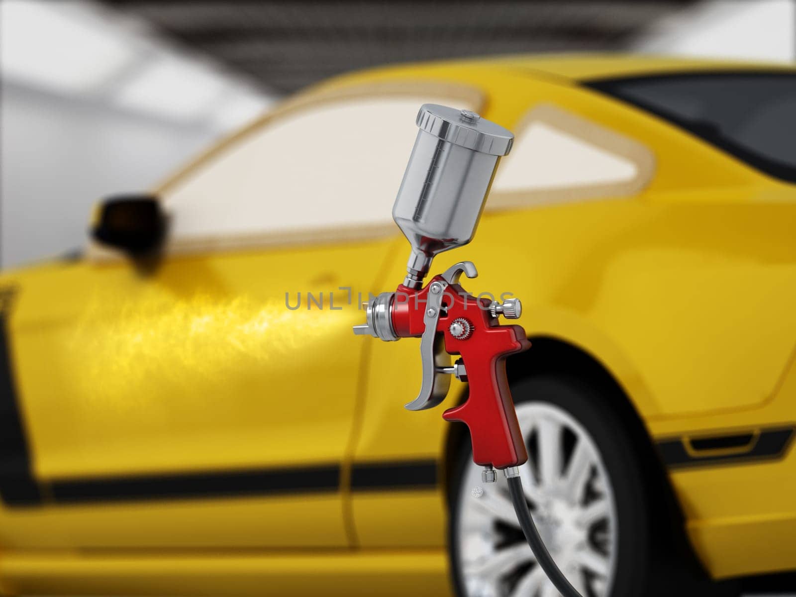 Paint gun spraying yellow paint over the car panels. 3D illustration.