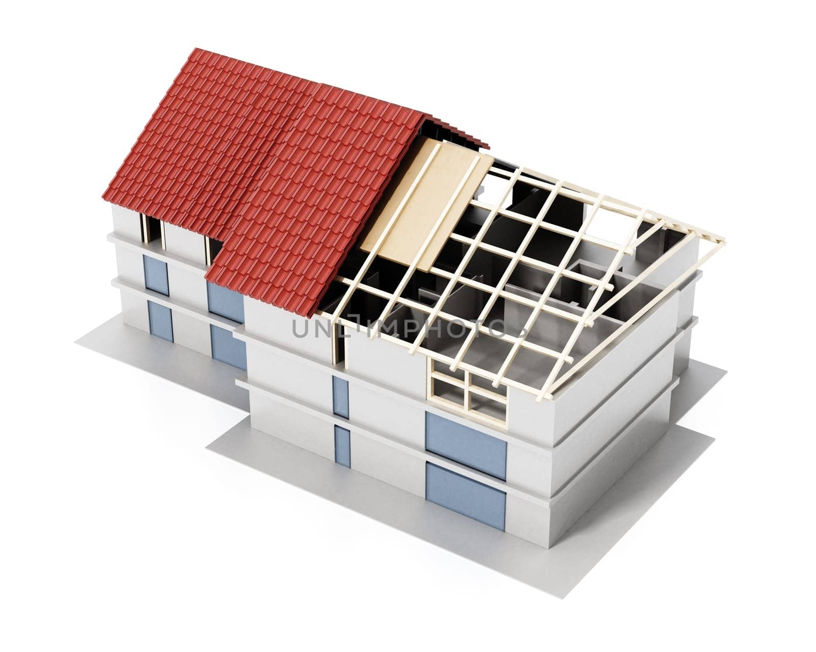 3D illustration showing layers of a building roof. 3D illustration.