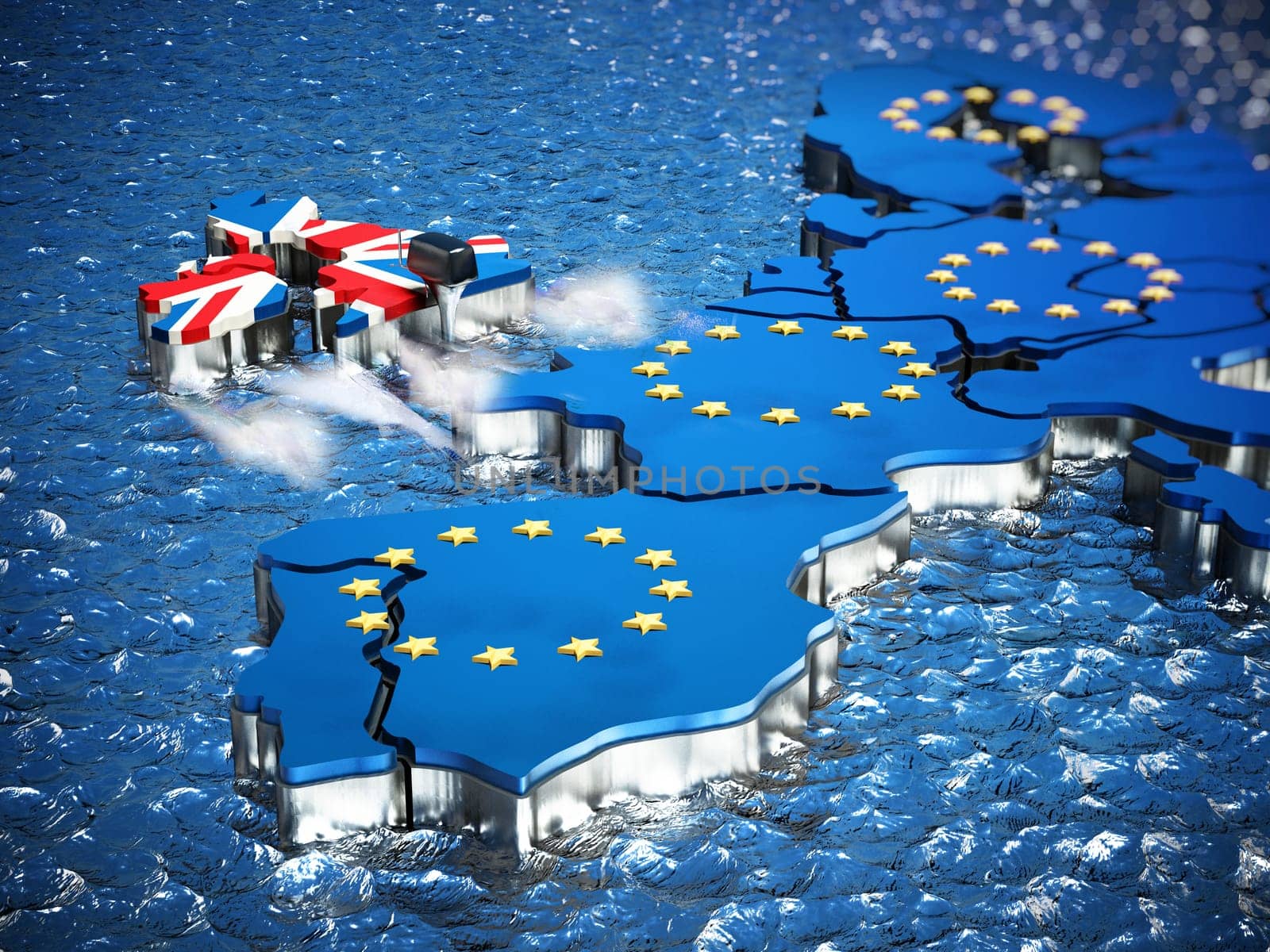 Britain map with boat engine leaving European Union. 3D illustration.