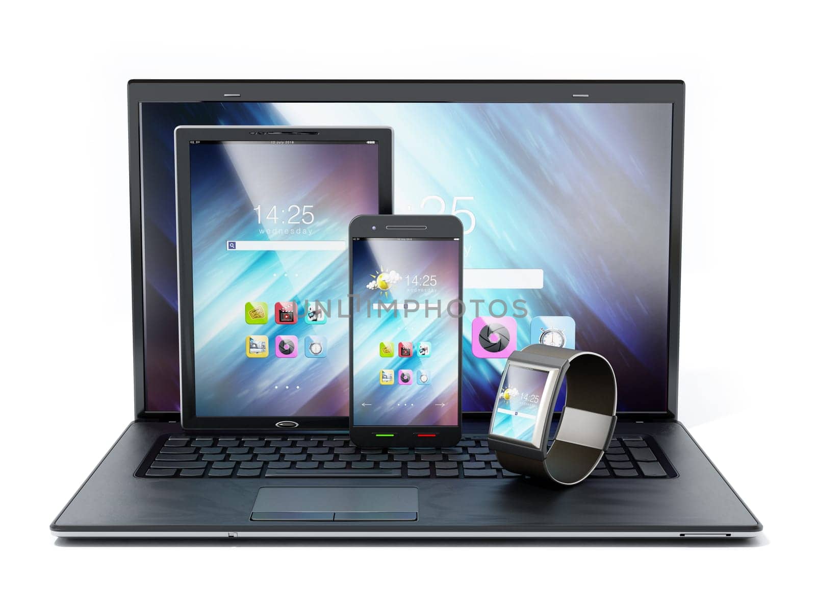 Laptop computer, tablet, smartphone and smartphone 3D illustration