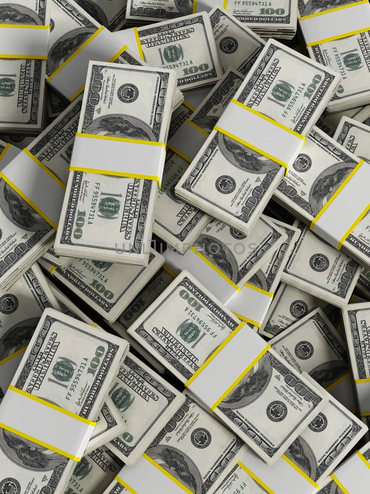 Vertical 100 dollar money lots background. 3D illustration.