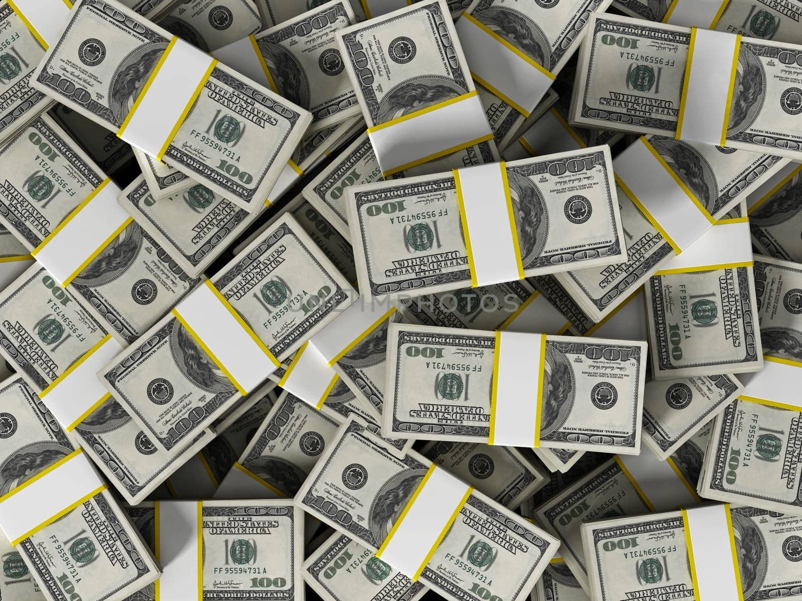 Horizontal 100 dollar money lots background. 3D illustration.