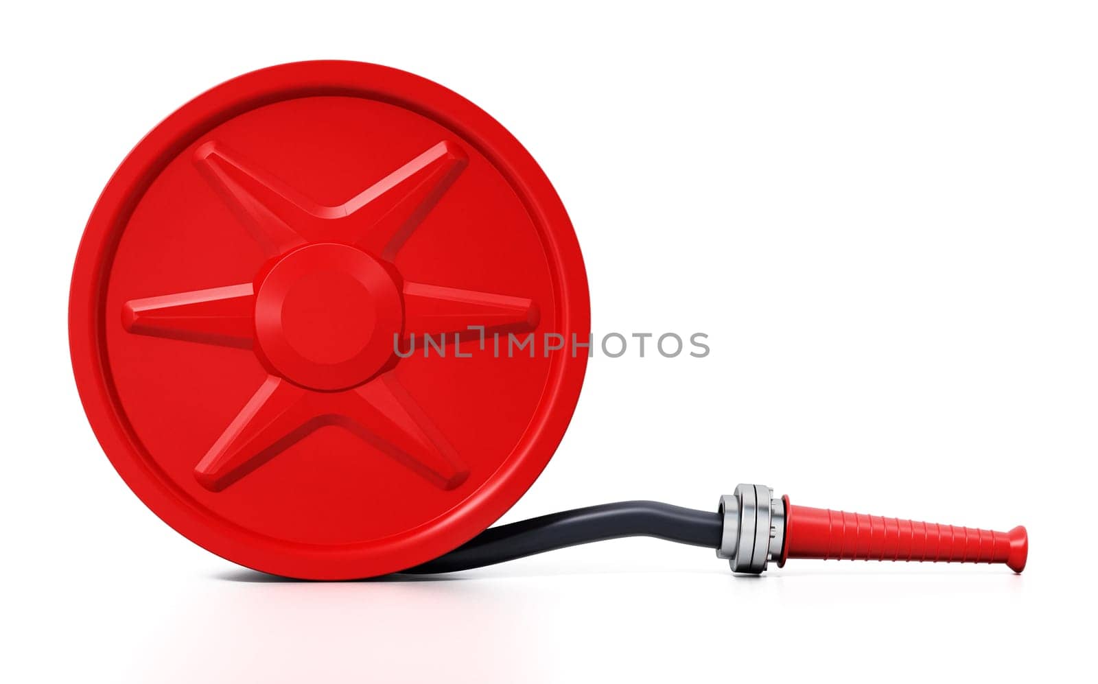 Fire house and reel isolated on white background. 3D illustration.
