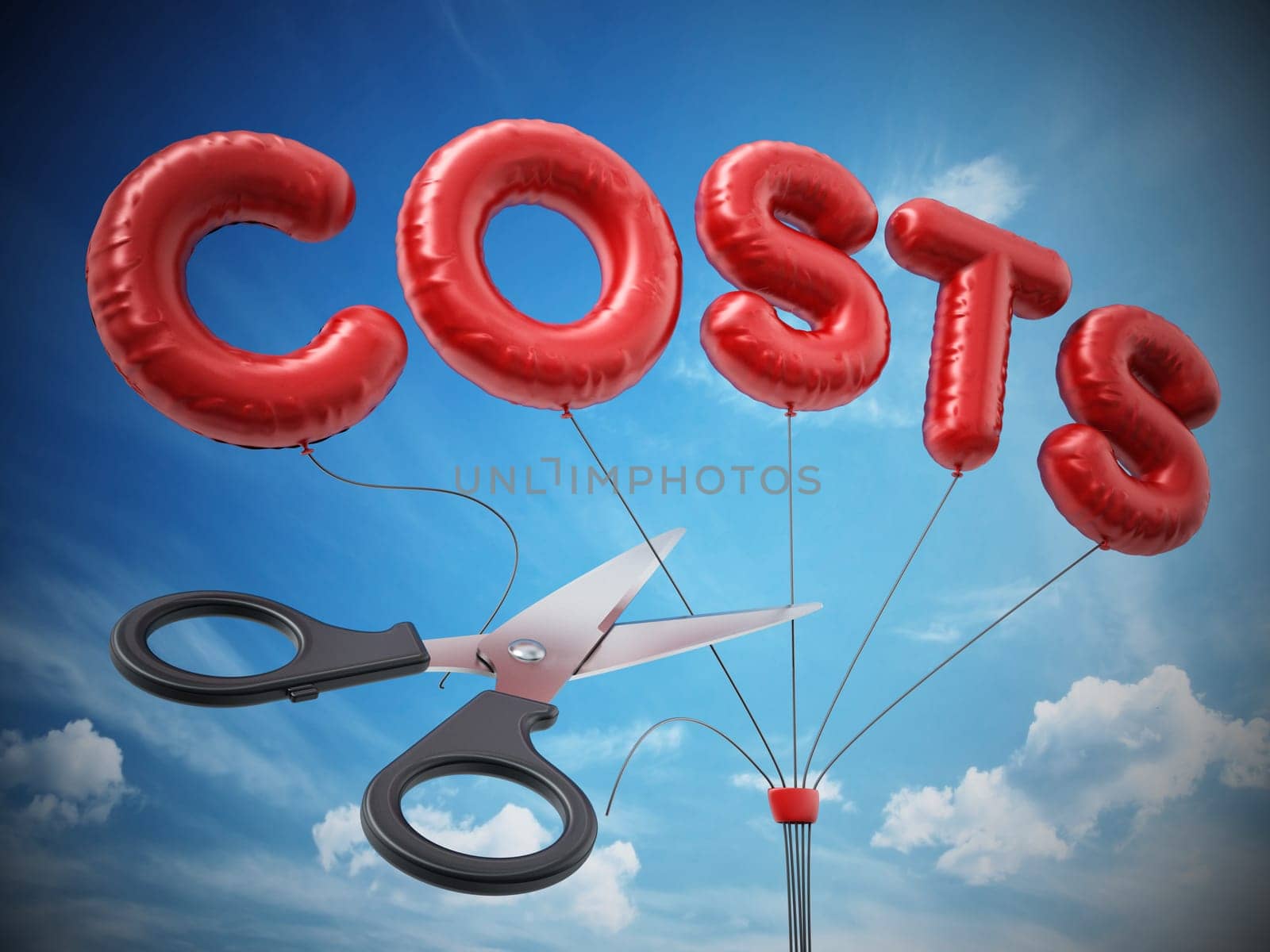 Scissors cut letter shaped balloons form the word cost. 3D illustration.