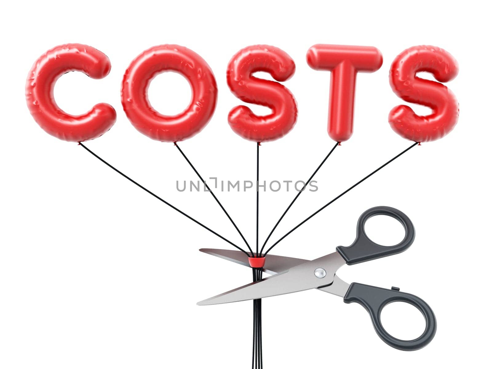 Scissors cut letter shaped balloons form the word cost. 3D illustration.