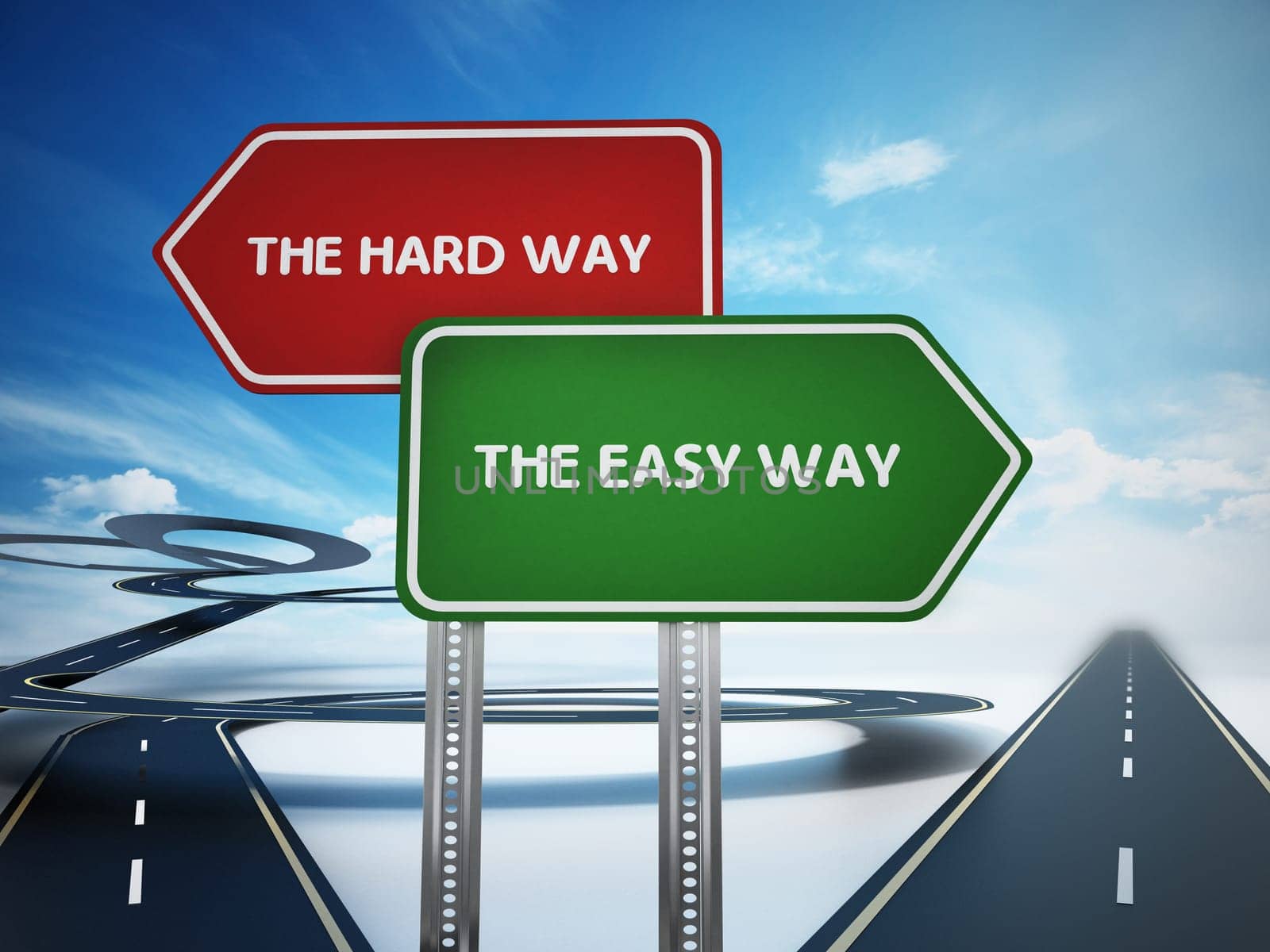 The easy way and the hard way signboards with curved and straight roads. 3D illustration.