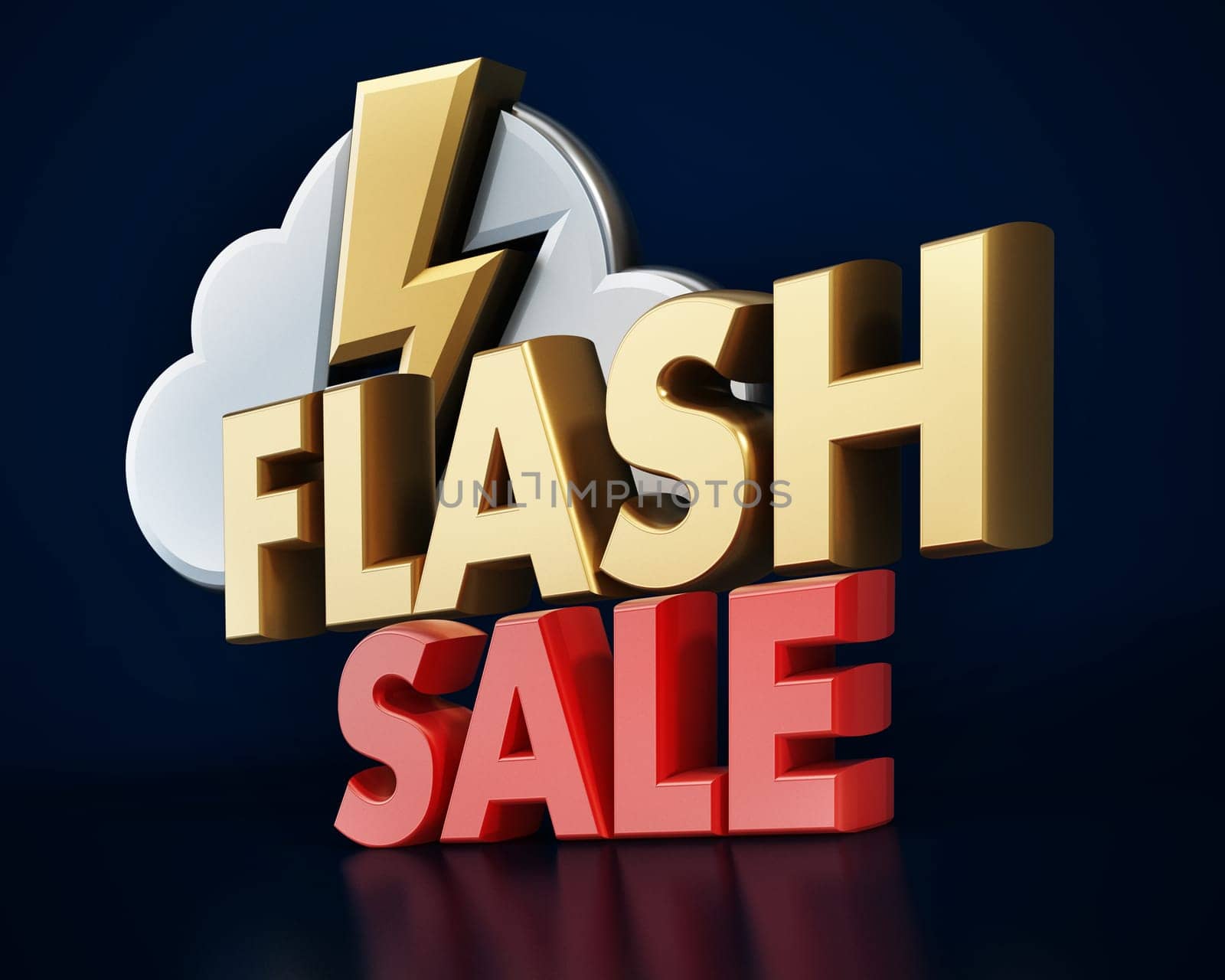 Flash sale text, cloud and lightning icon. 3D illustration.