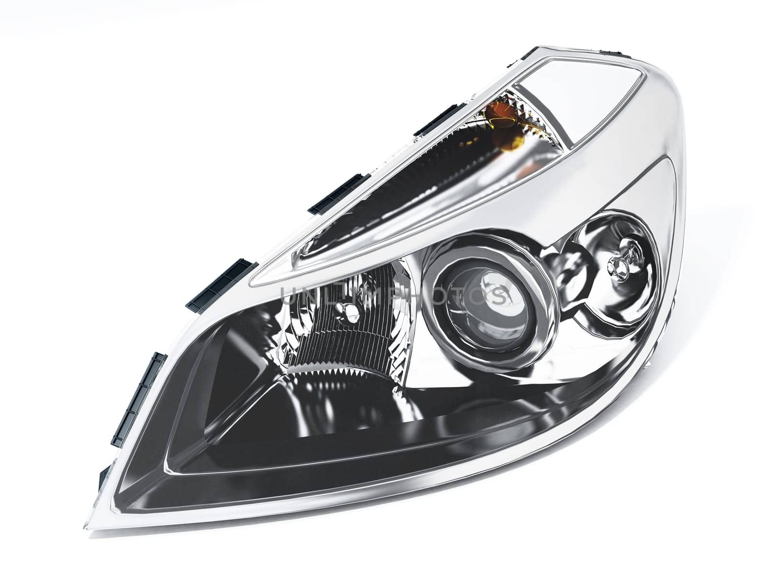 Left car headlight isolated on white background. 3D illustration.