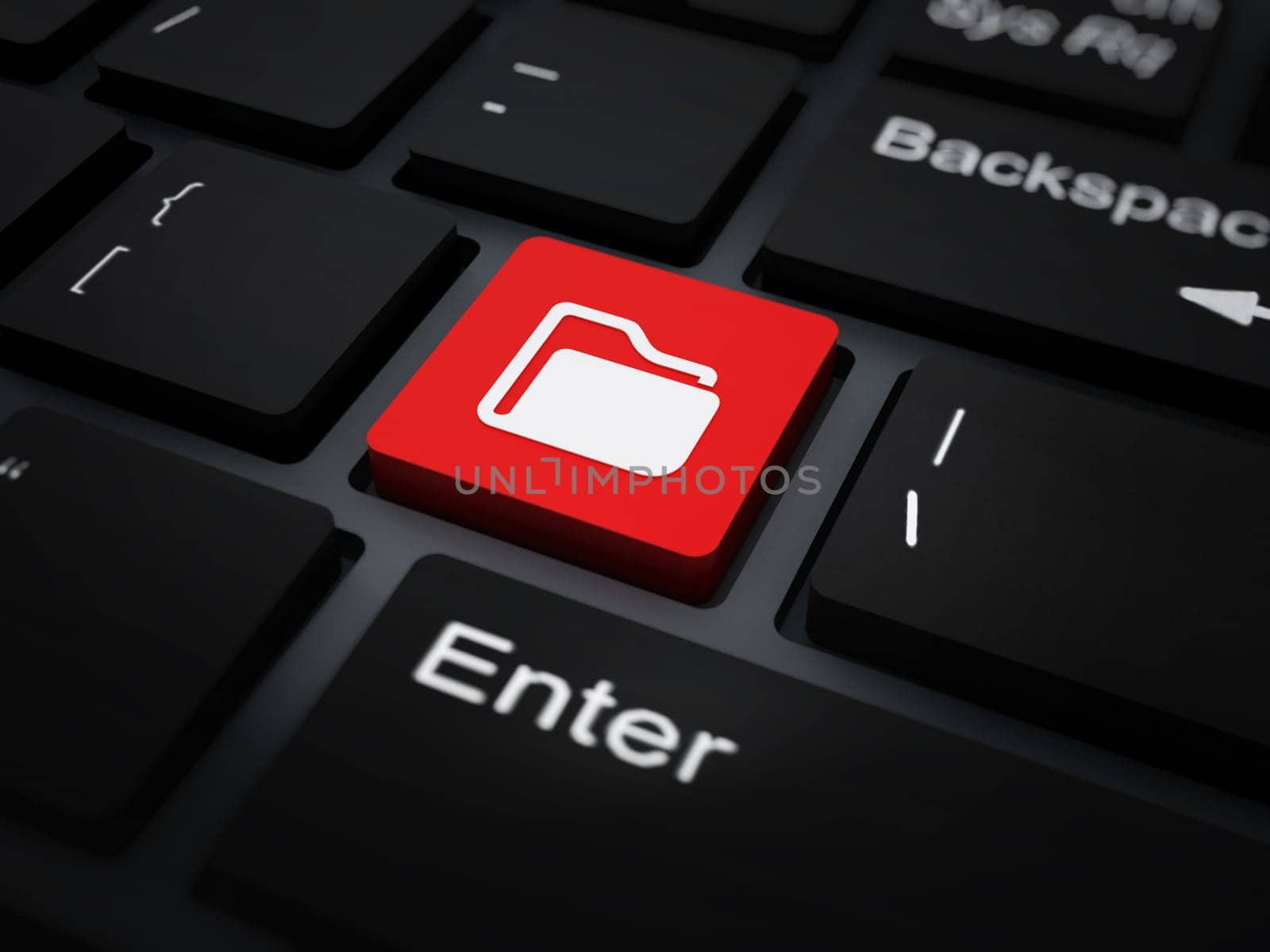 Folder icon on red keyboard key. 3D illustration.