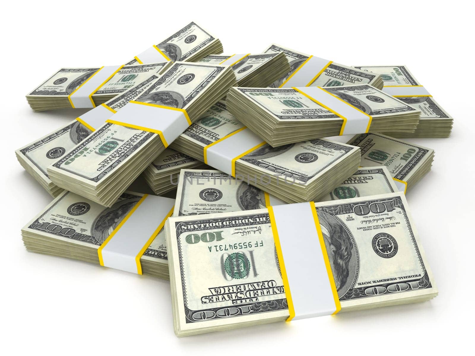 Stack of 100 dollar bills isolated on white background. 3D illustration.