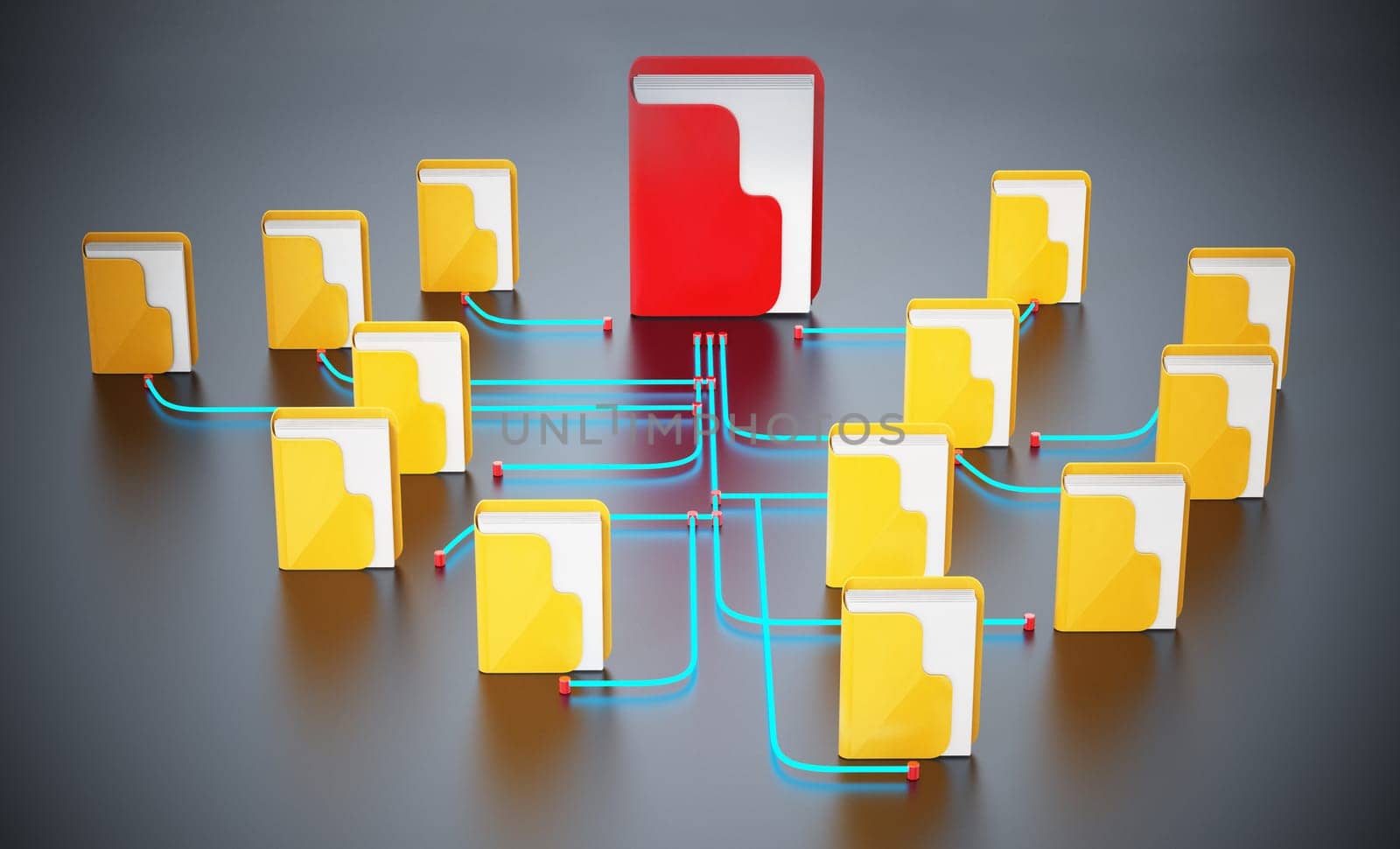 Folders connected to each other in a network. 3D illustration.