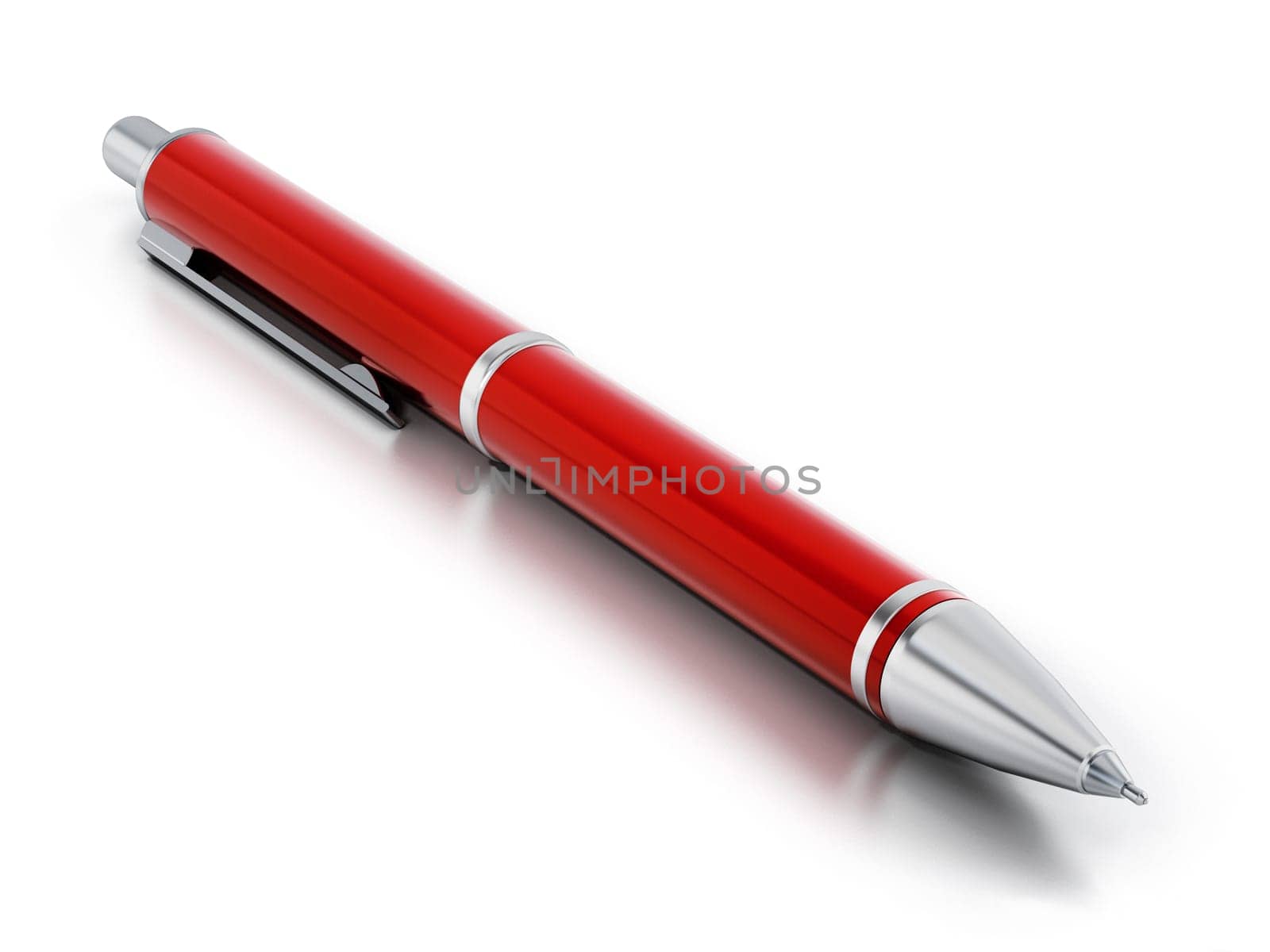 Red ballpoint pen isolated on white background. 3D illustration.