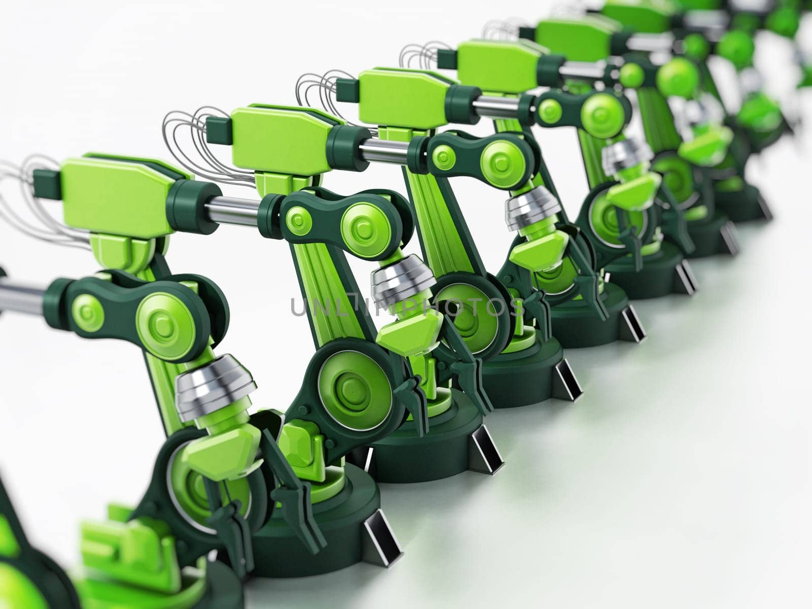 Robotic arms standing in a line inside a factory. 3D illustration.