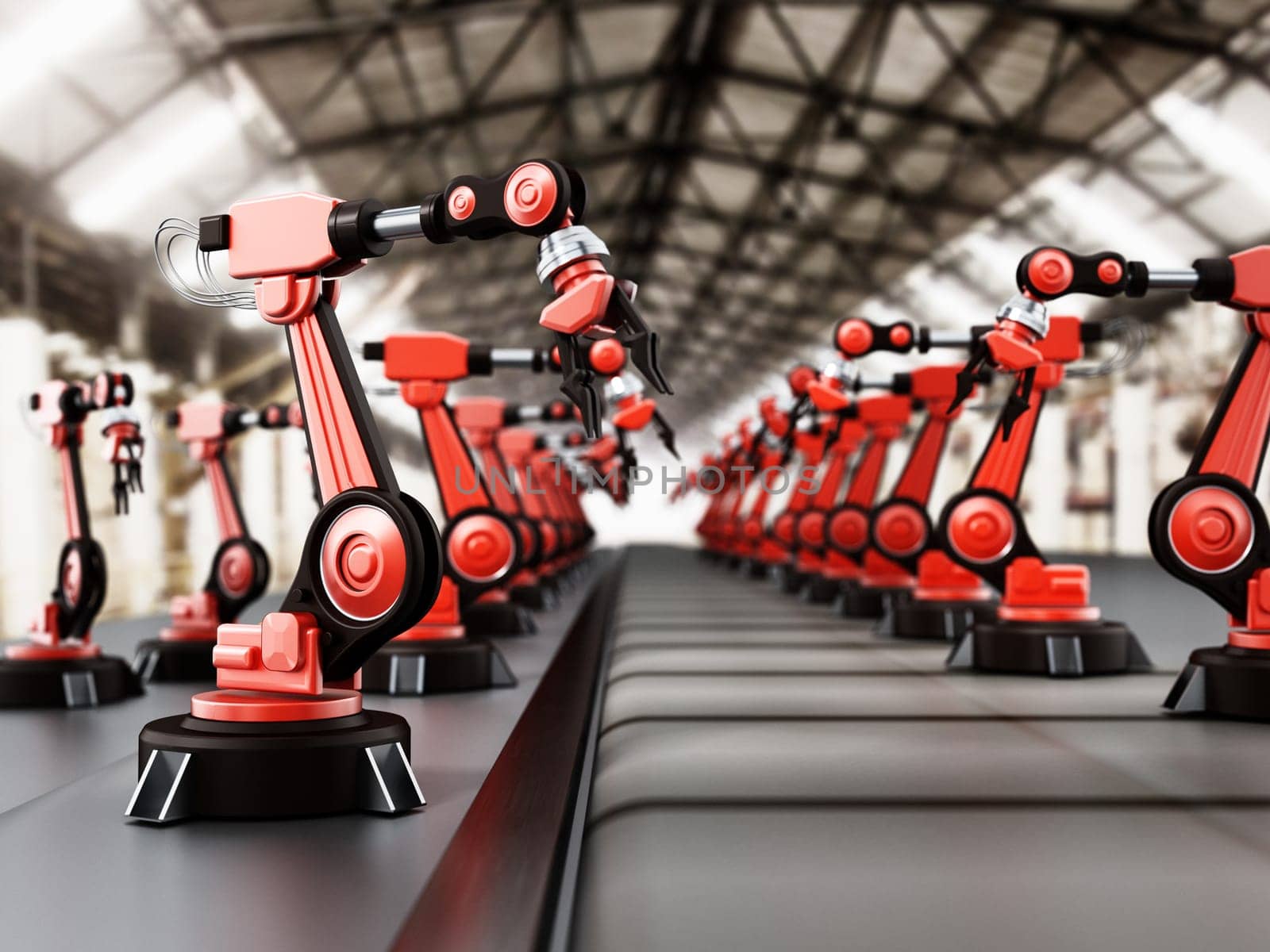 Robotic arms standing in a line inside a factory. 3D illustration.