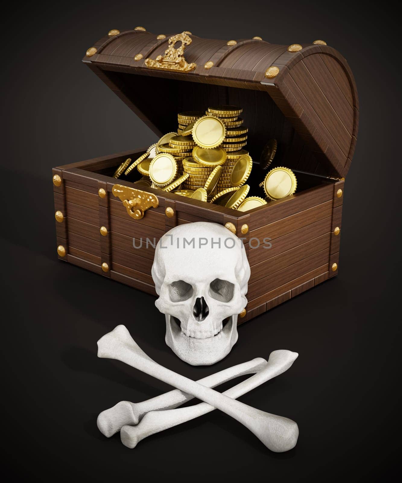 Chest full of gold, skull and bones. 3D illustration.
