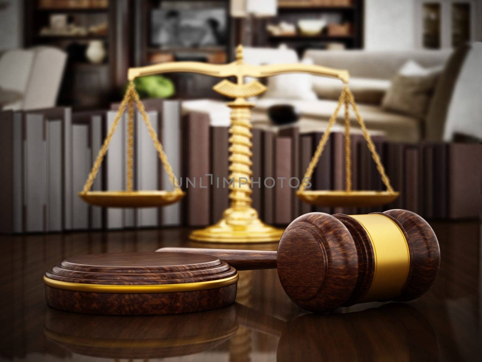 Gavel and balanced scale on wooden table. 3D illustration.