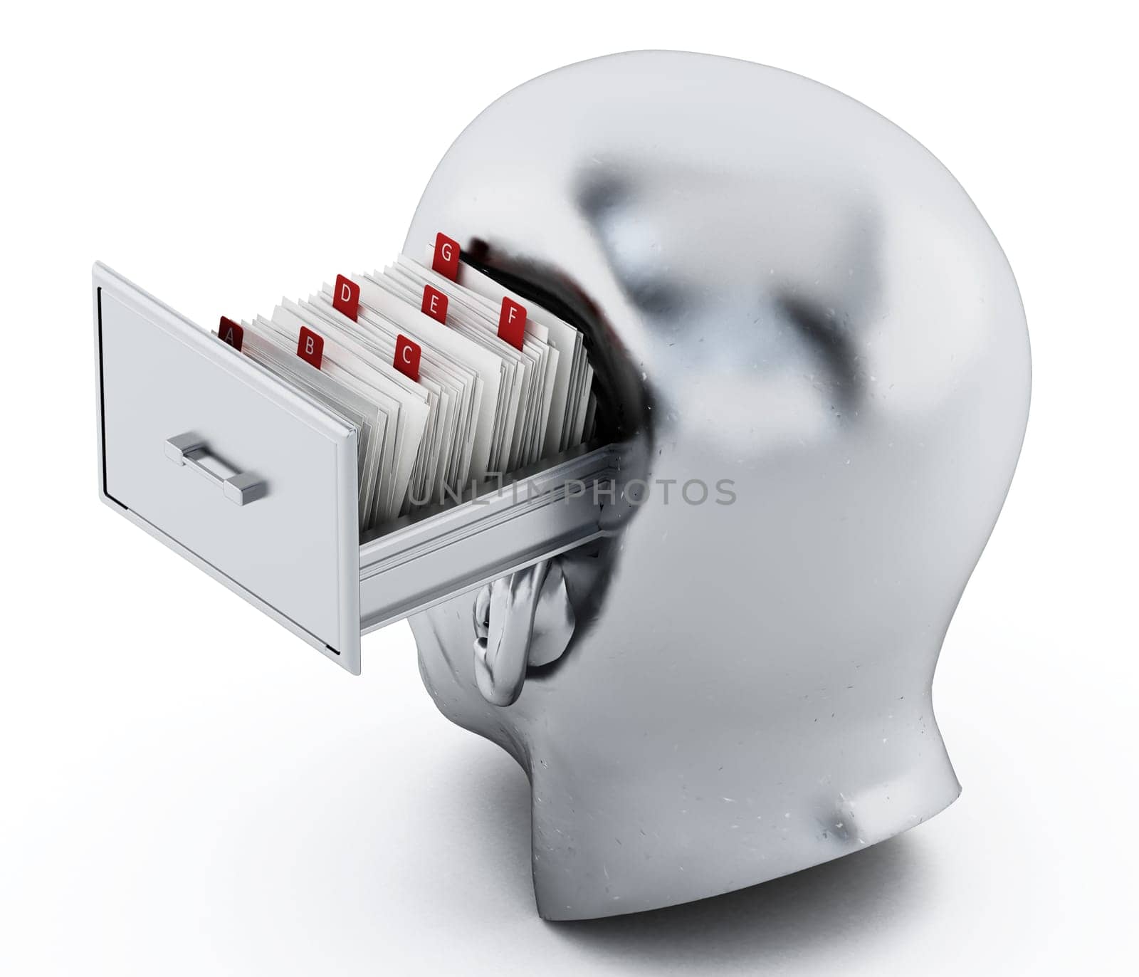 Index card catalogue inside head library drawer. 3D illustration.
