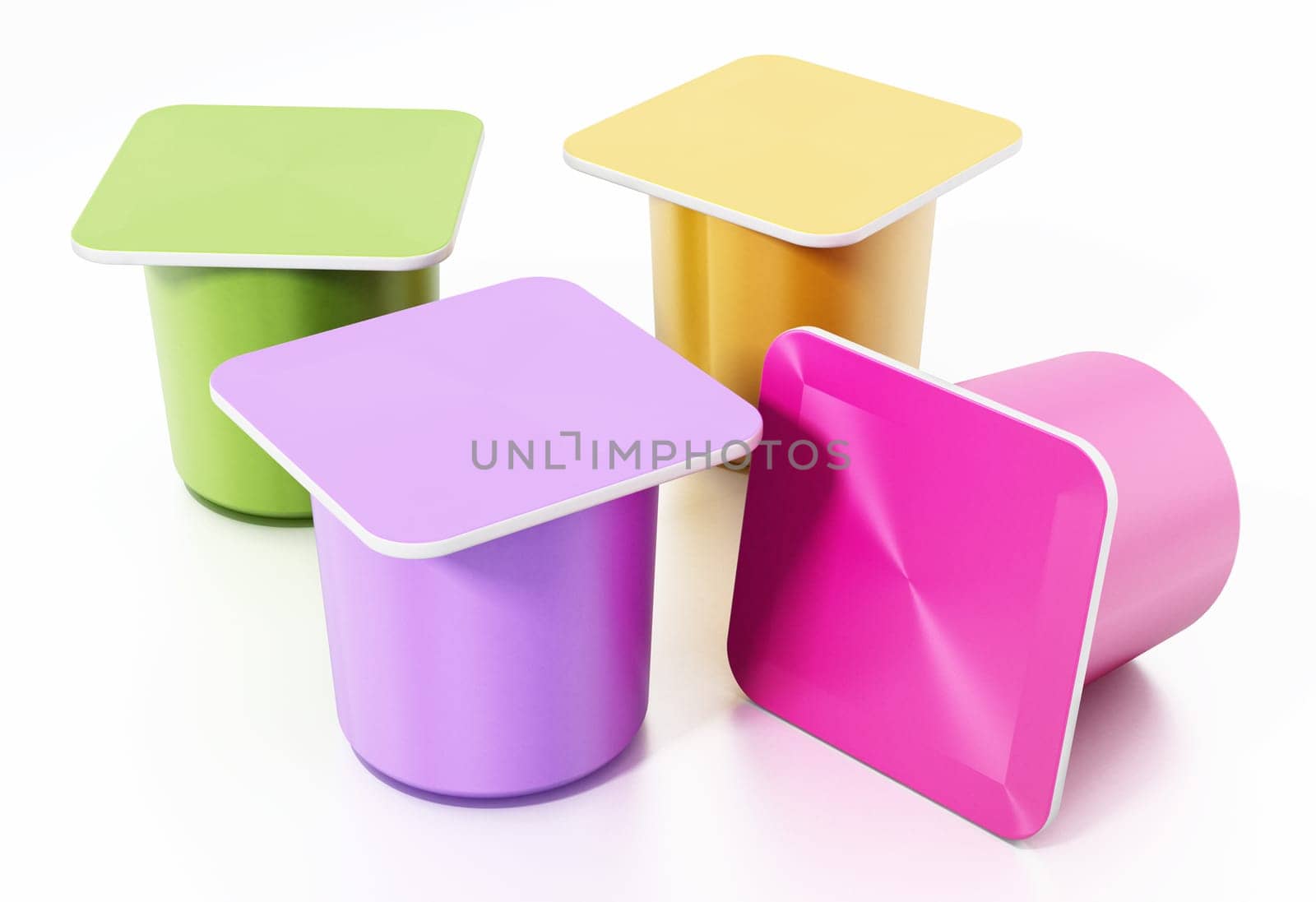 Fruit yoghurt packages isolated on white background. 3D illustration.