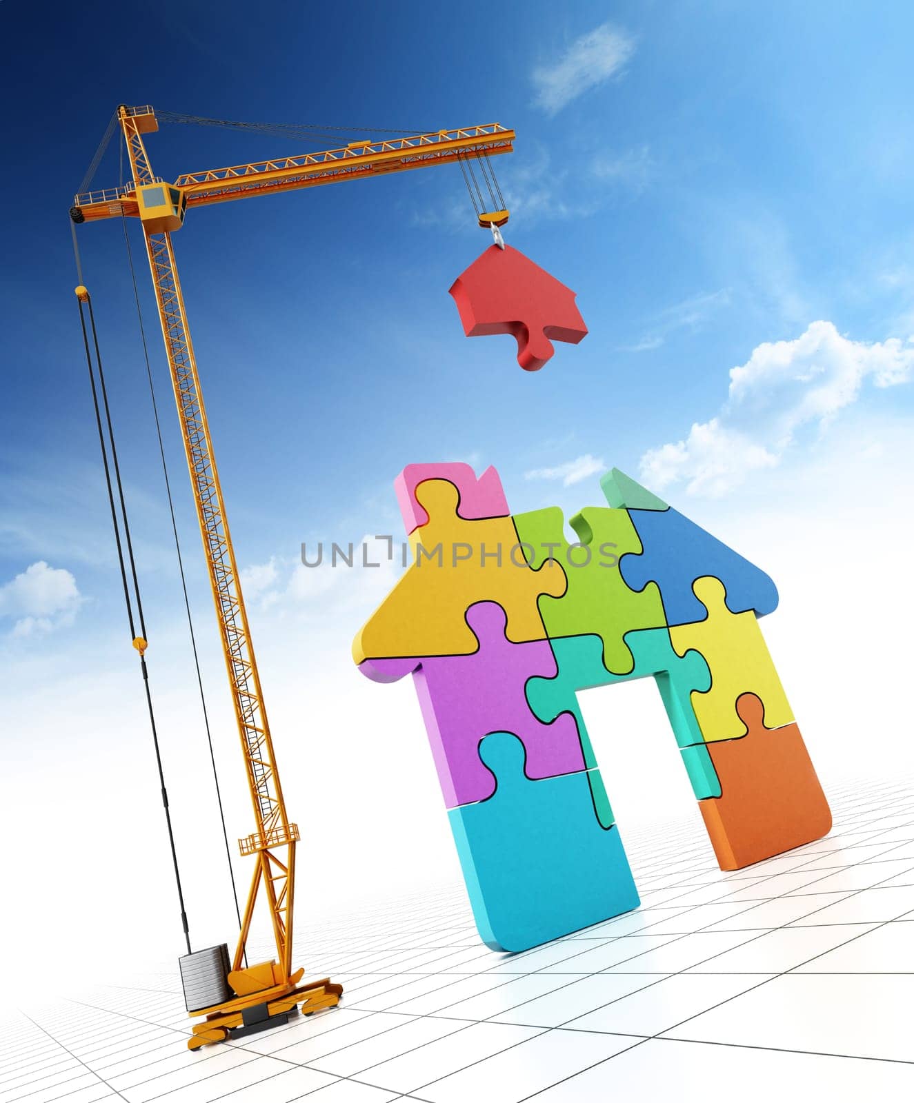 Construction crane carrying parts of jigsaw house. 3D illustration.