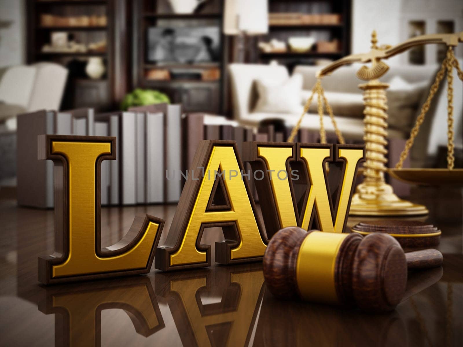 Law word, gavel and balanced scale on wooden table. 3D illustration.