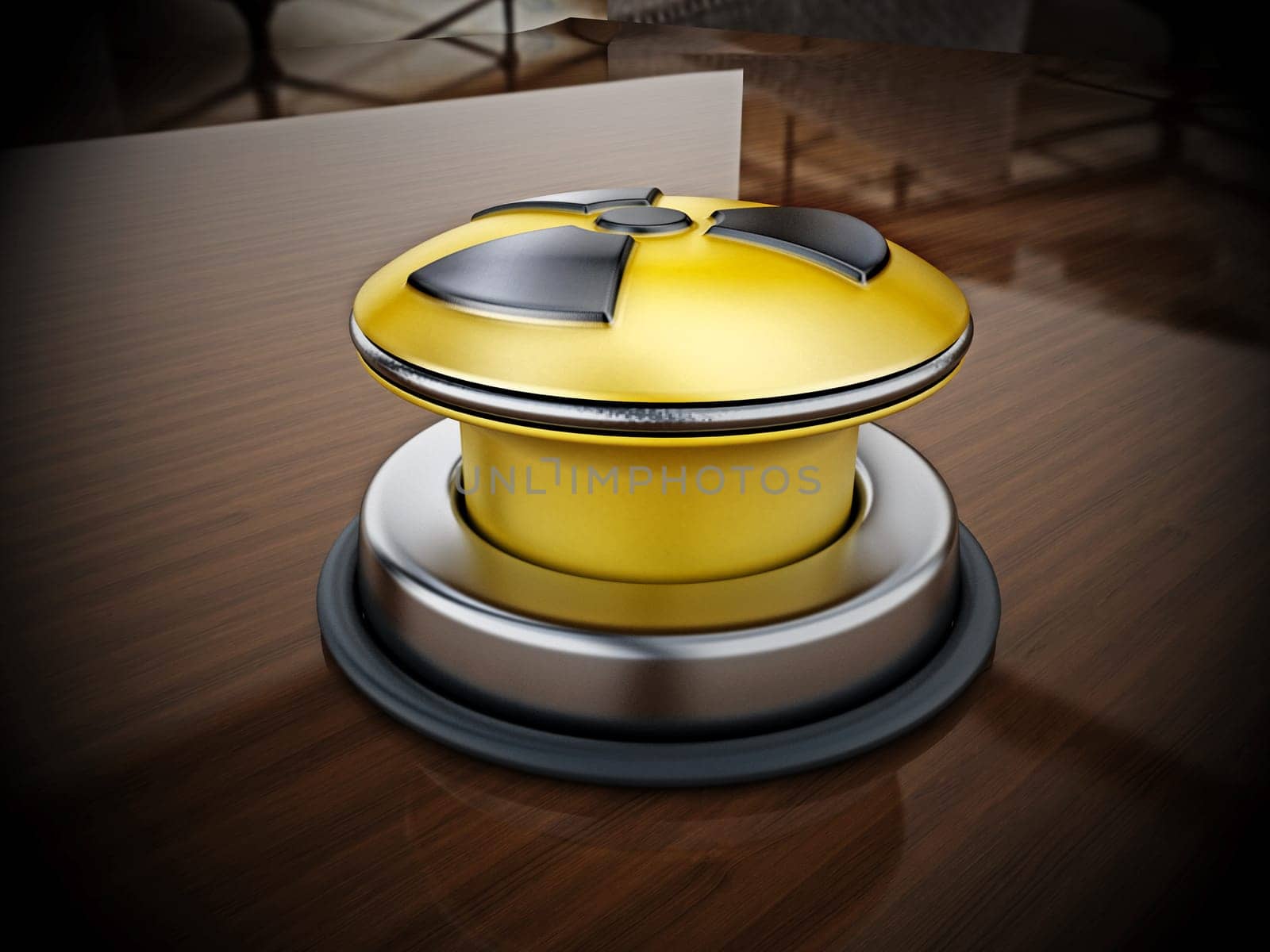 Nuclear launch button on reflective wooden table.. 3D illustration.
