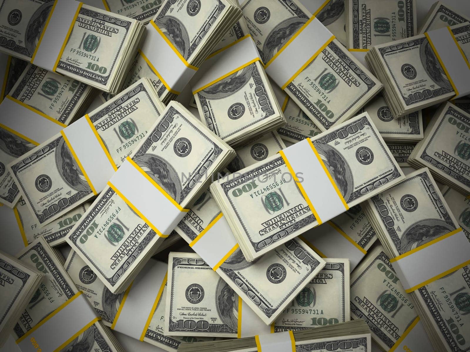 Stack of 100 dollar bills background. 3D illustration.
