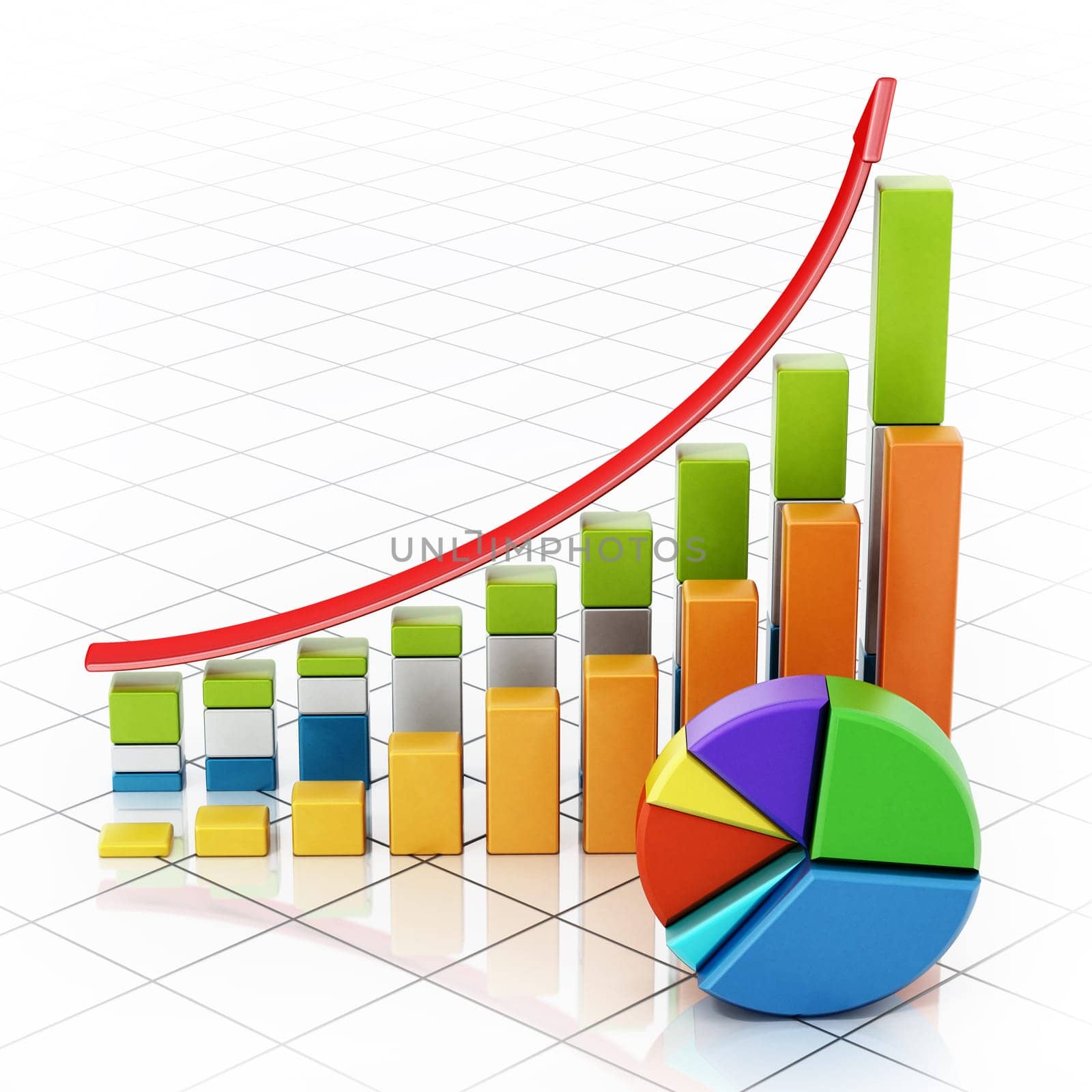 Rising sale bars and pie chart showing financial data. 3D illustration.