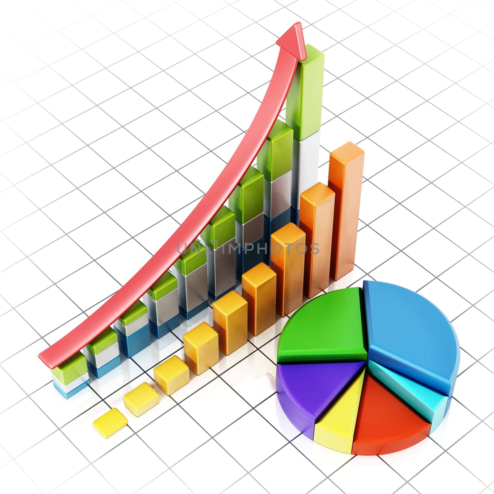 Rising sale bars and pie chart showing financial data. 3D illustration.