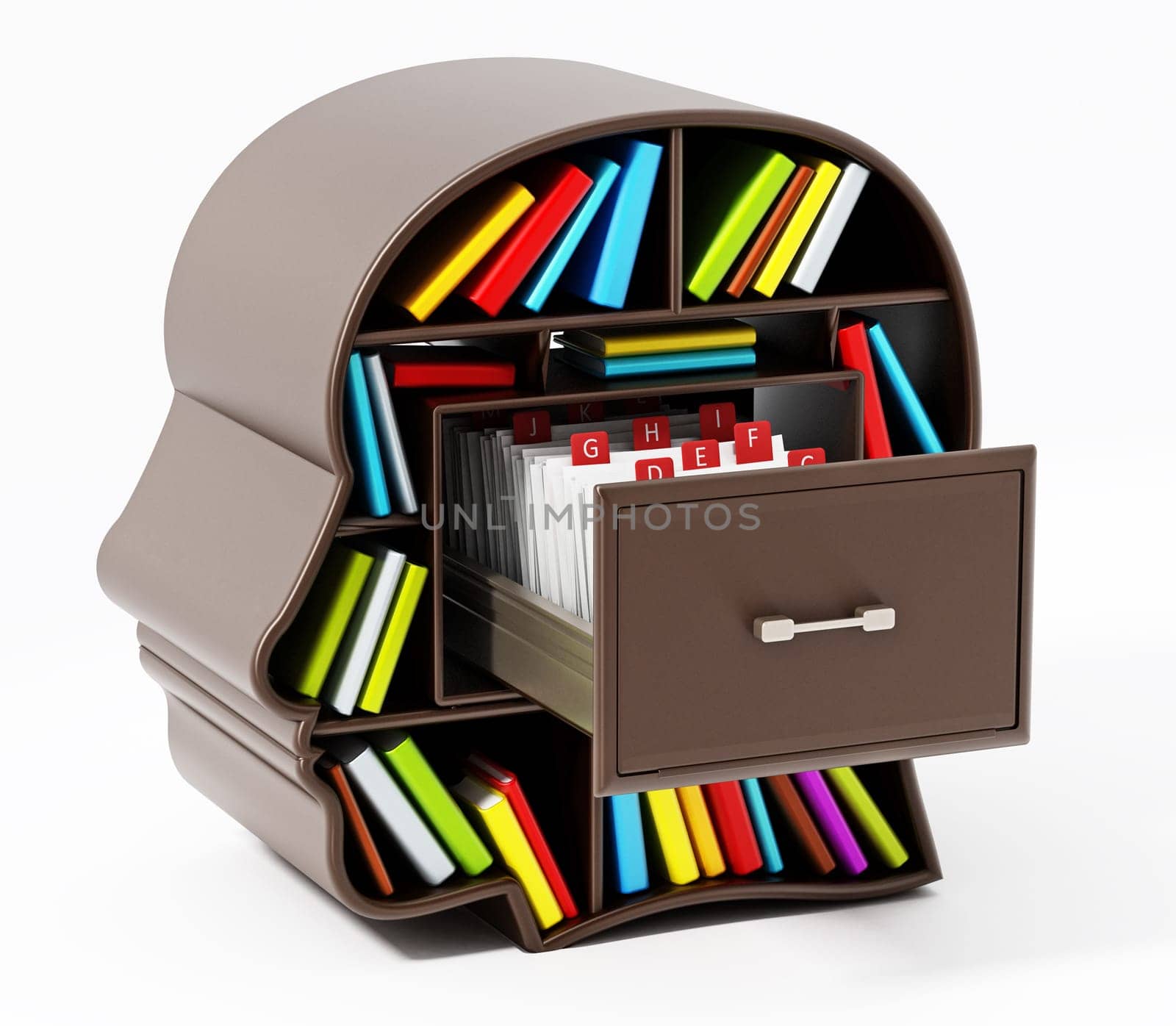 Index card catalogue inside head library drawer. 3D illustration.
