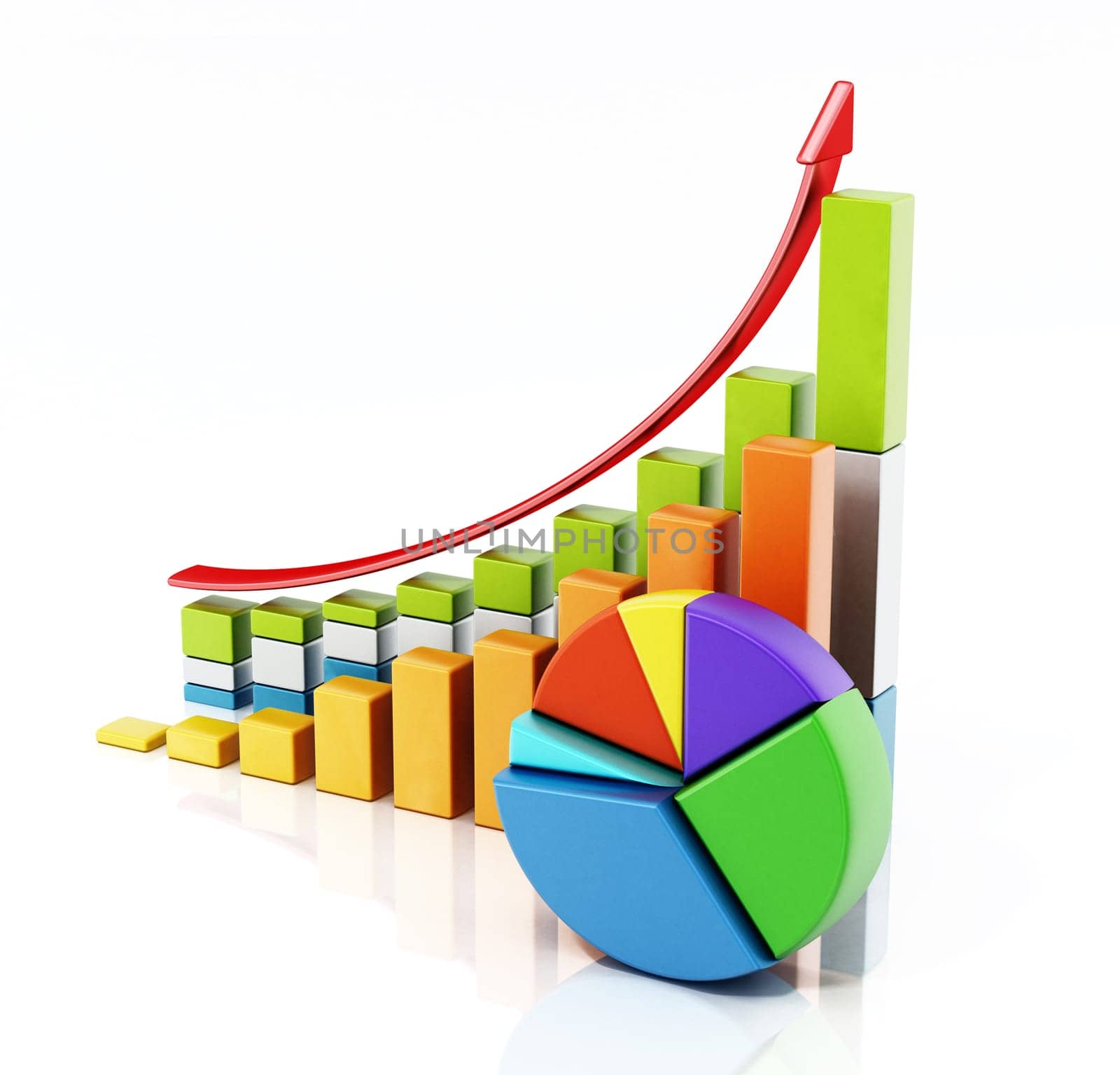 Rising sale bars and pie chart showing financial data. 3D illustration.