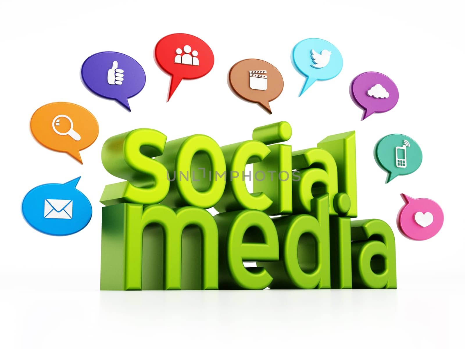 Social media concept with green text and media speech balloons. 3D illustration.
