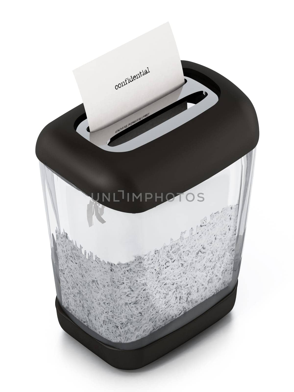 Paper shredder full of shredded paper. 3D illustration.