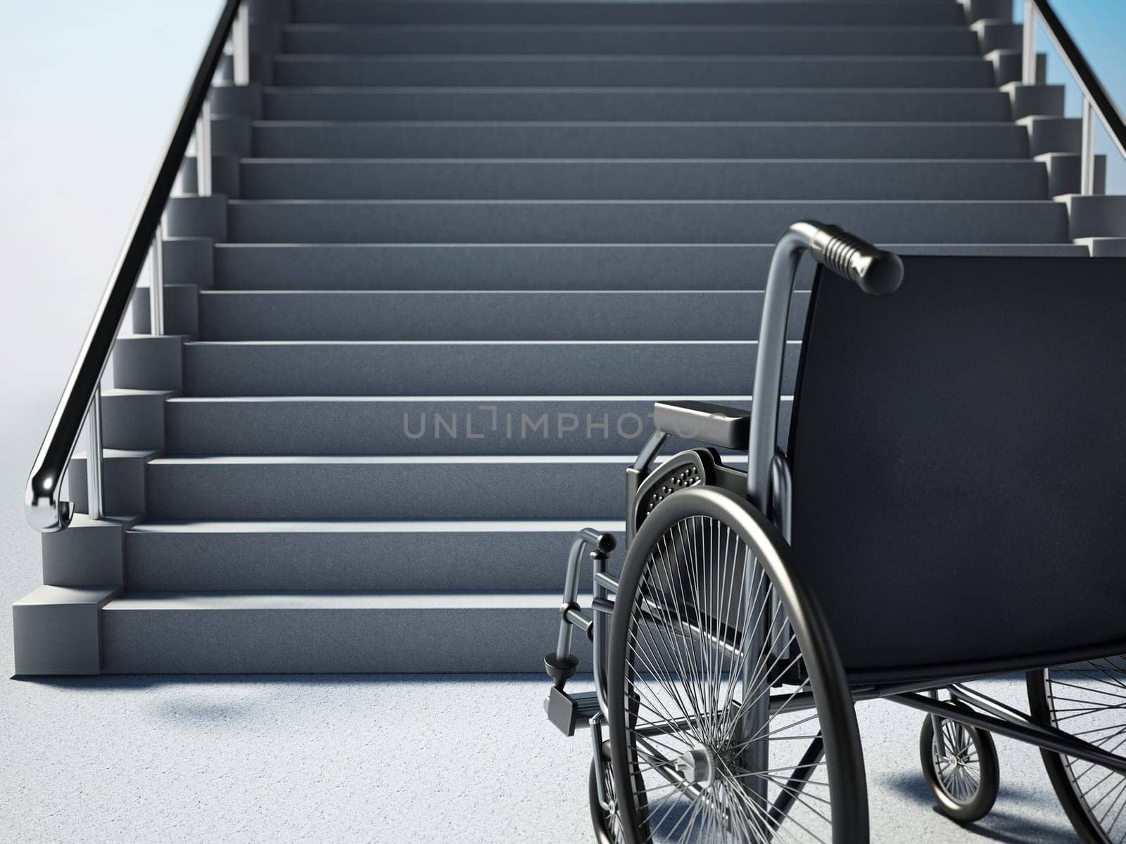 Empty wheelchair standing in front of steep staircase. 3D illustration.