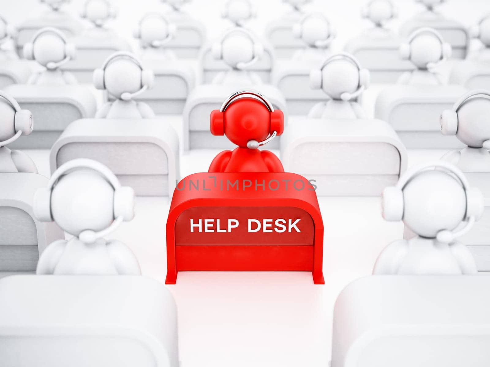 Customer representative with headset sitting on the help desk. 3D illustration.