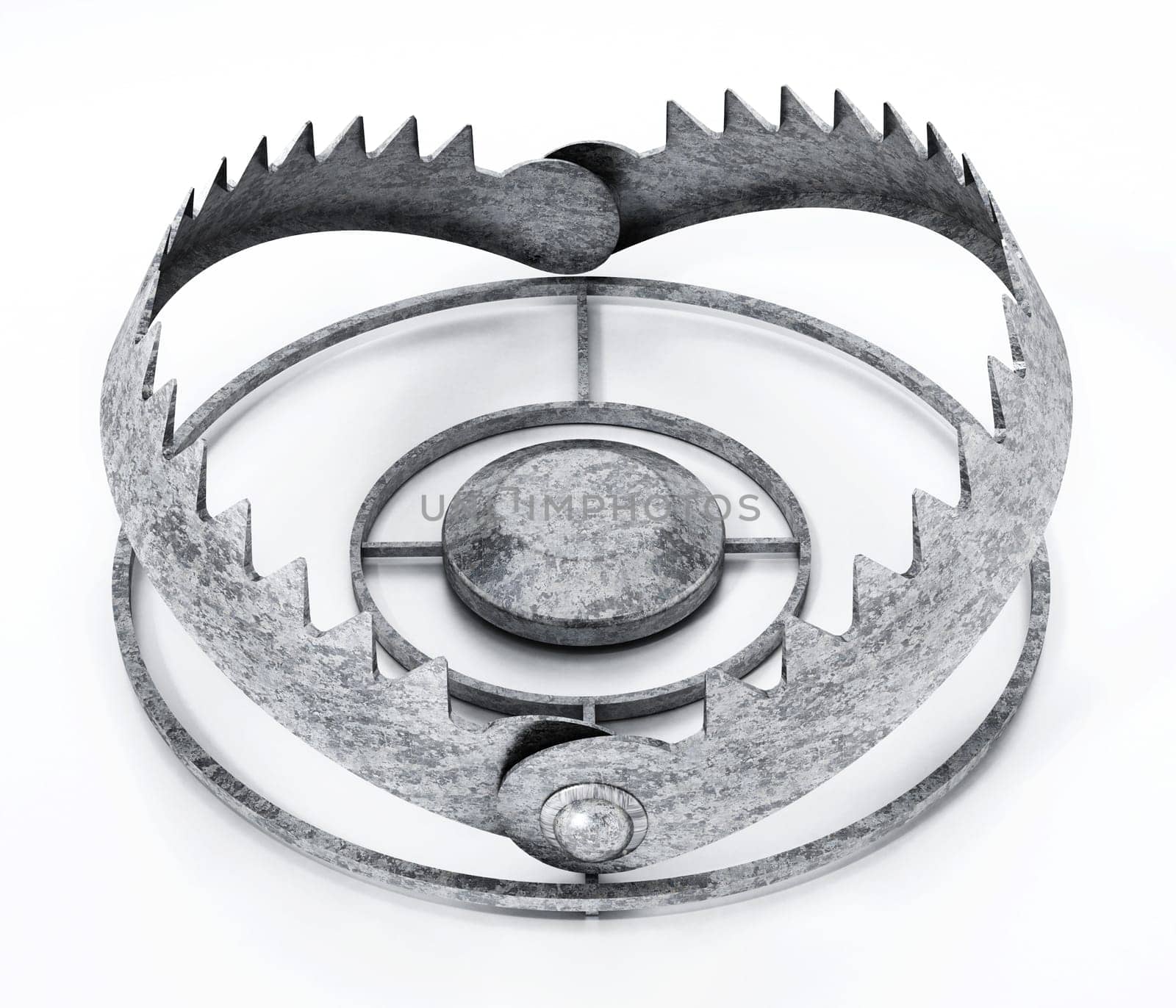 Gold digital coin in ready bear trap. 3D illustration.